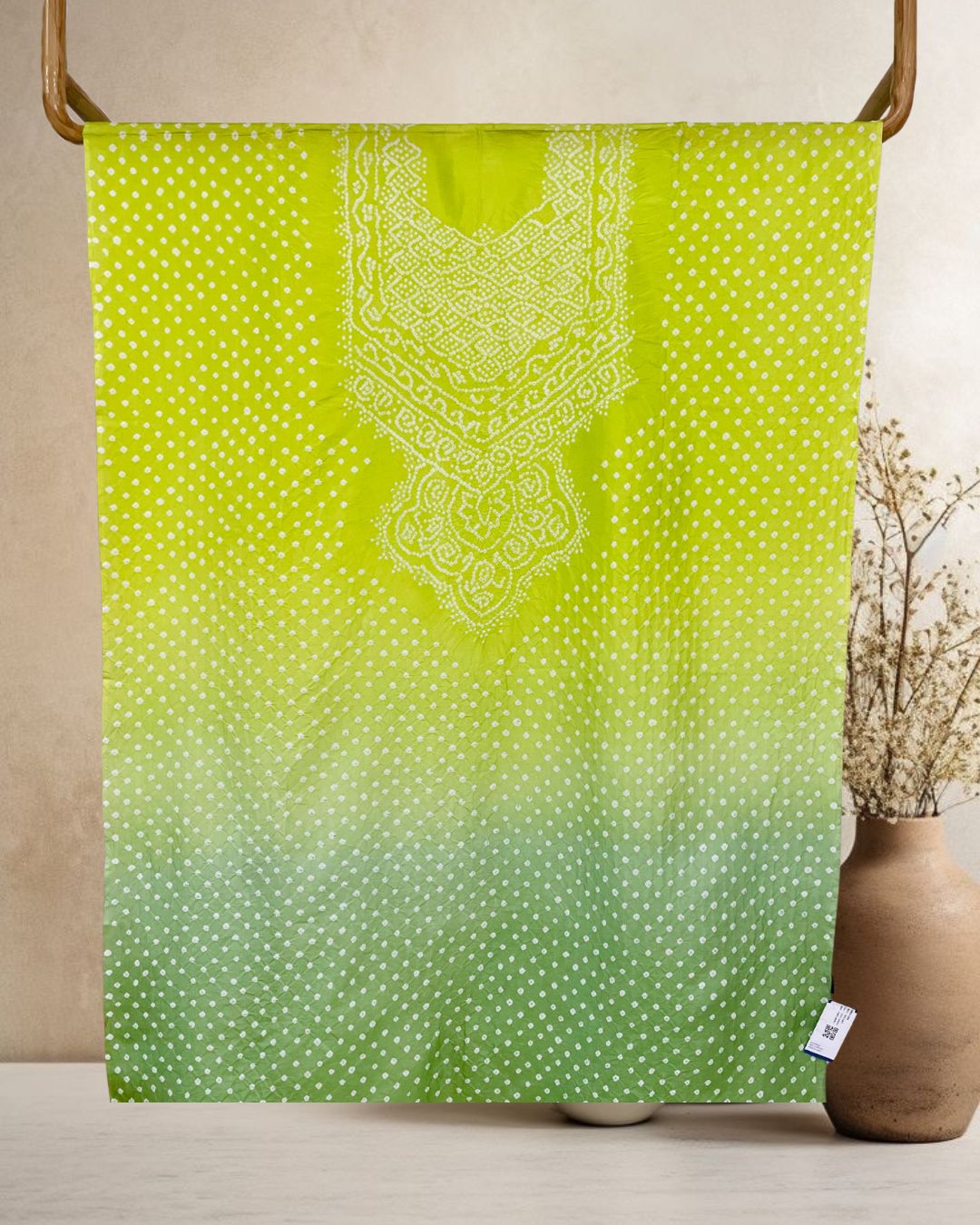 LIGHT GREEN SHADED YOKE SILK BANDHANI FABRIC