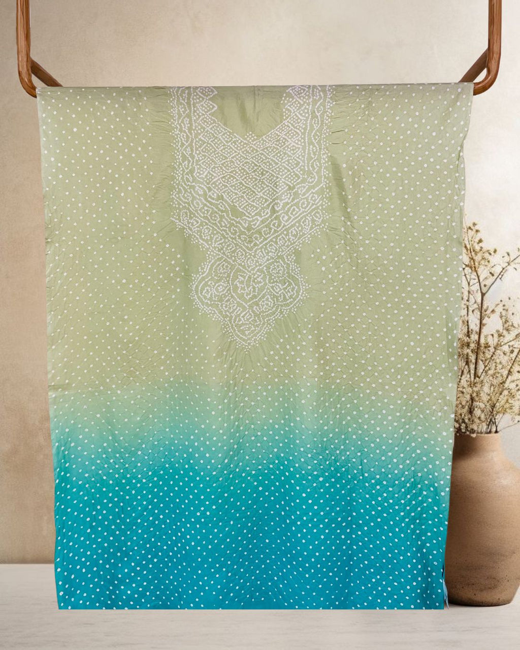 LIGHT GREEN - BLUE KE SILK BANDHANI FABRIC