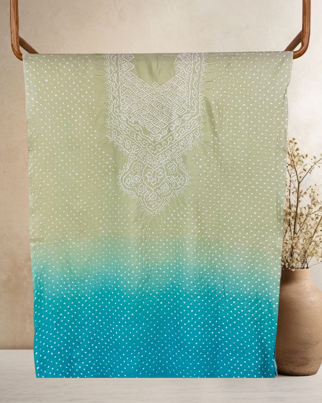LIGHT GREEN - BLUE KE SILK BANDHANI FABRIC