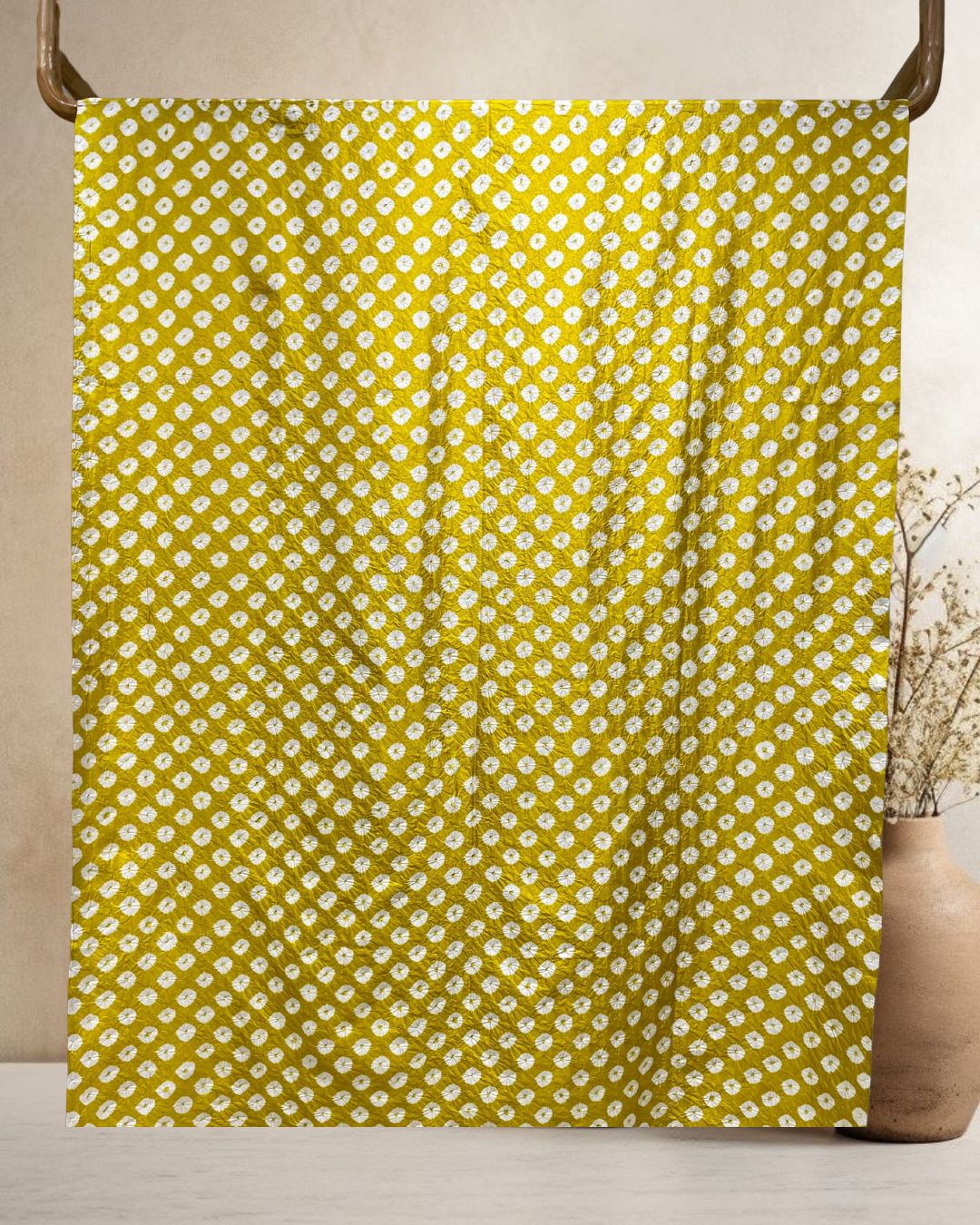 MUSTARD YELLOW BIG DOTS SILK BANDHANI FABRIC