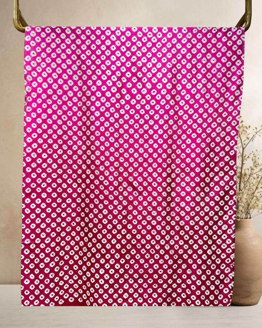 PINK BIG DOTS SILK BANDHANI FABRIC