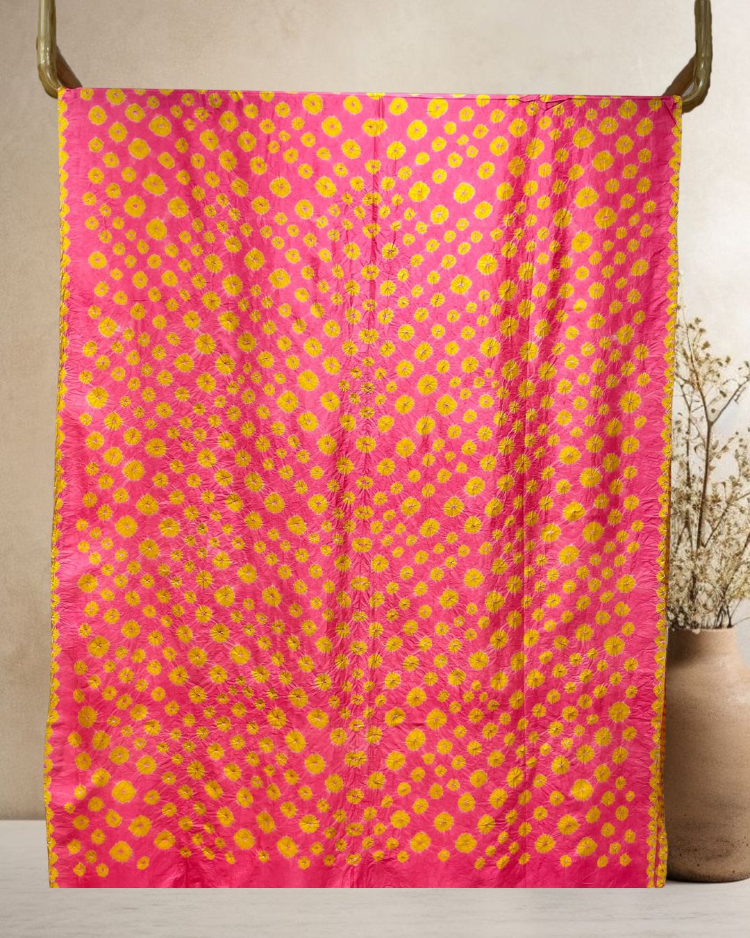 PEACH-PINK BIG DOTS SILK BANDHANI FABRIC