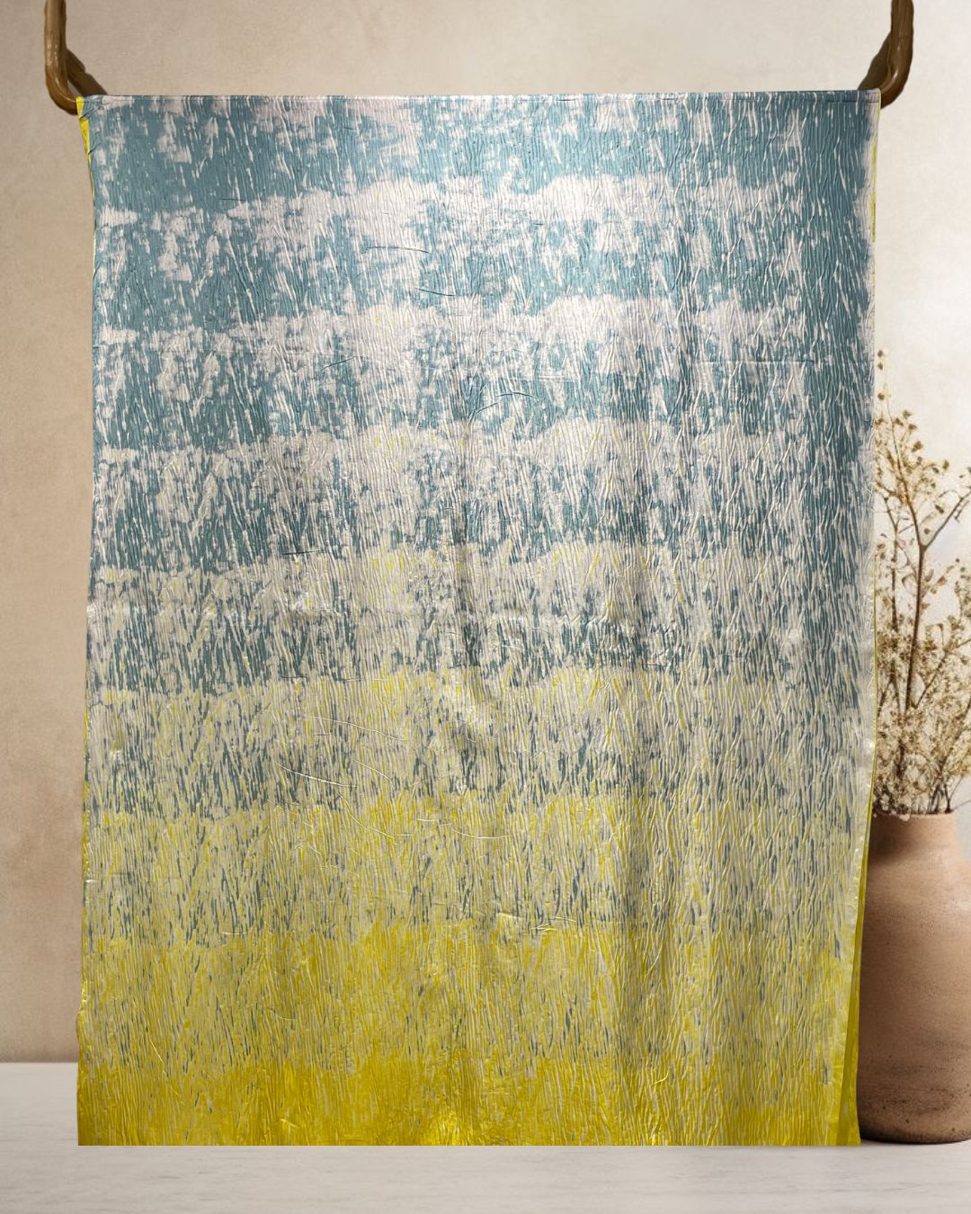 YELLOW-GREY SHIBORI SILK FABRIC