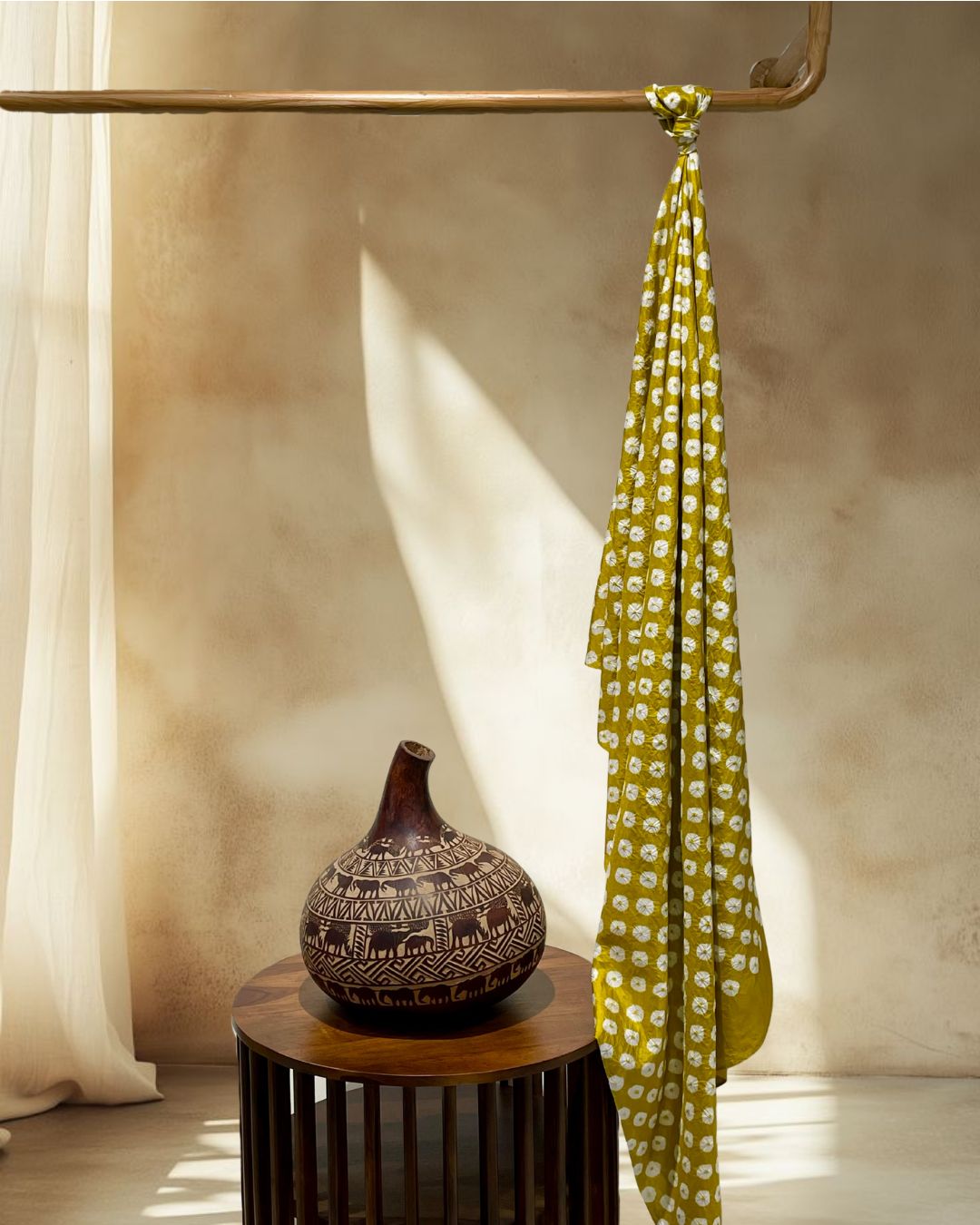 MUSTARD YELLOW BIG DOTS SILK BANDHANI FABRIC