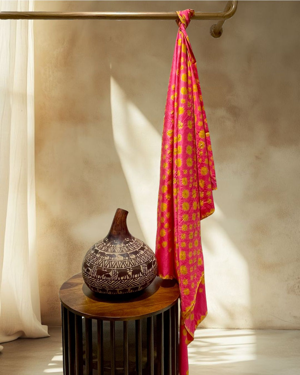 PEACH-PINK BIG DOTS SILK BANDHANI FABRIC