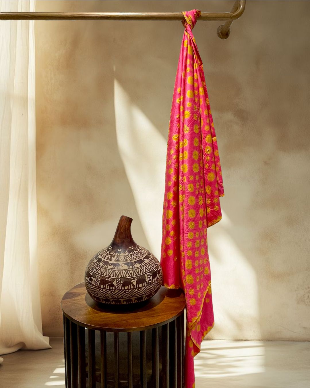 PEACH-PINK BIG DOTS SILK BANDHANI FABRIC
