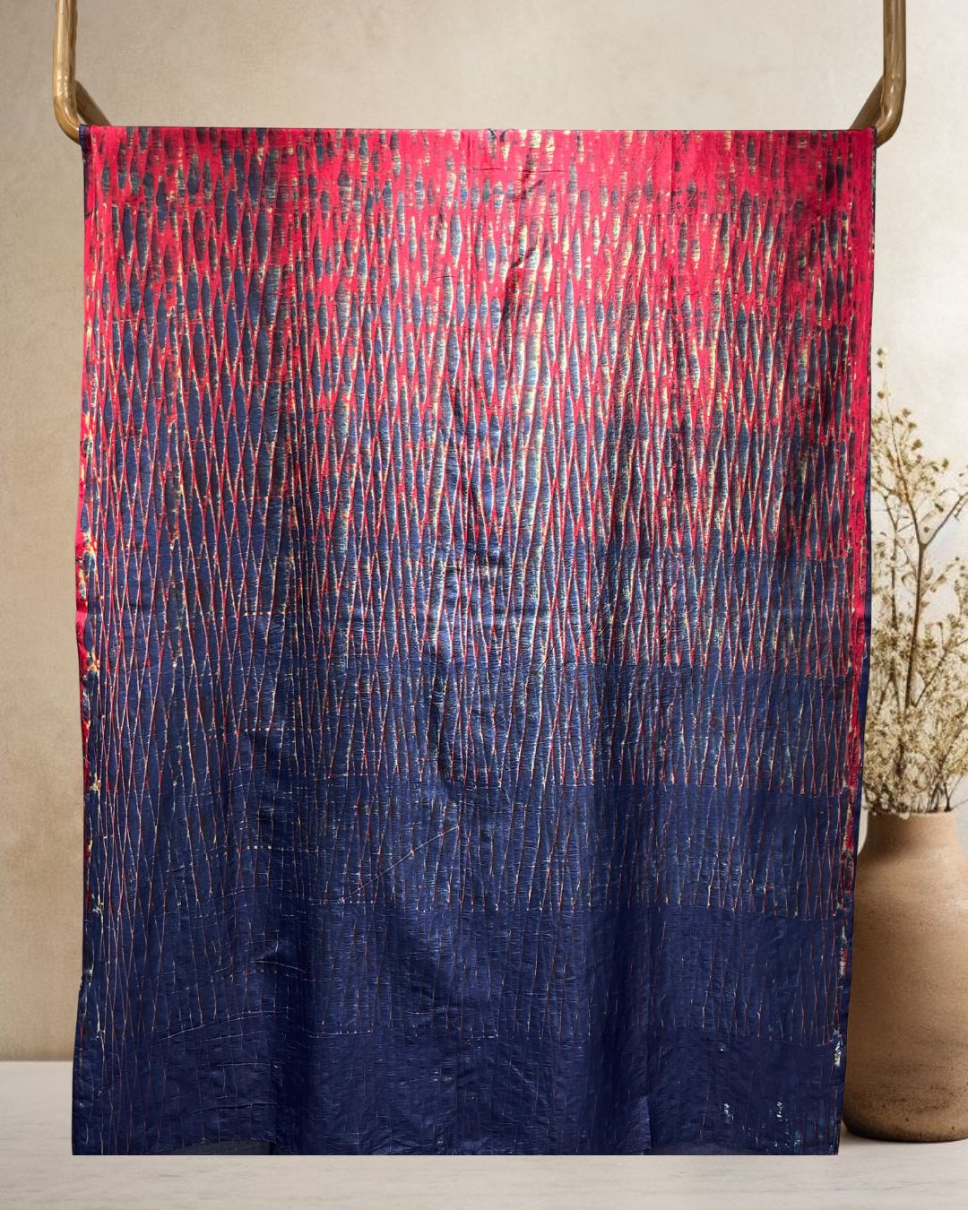 INDIGO BLUE-RED SHIBORI SILK FABRIC