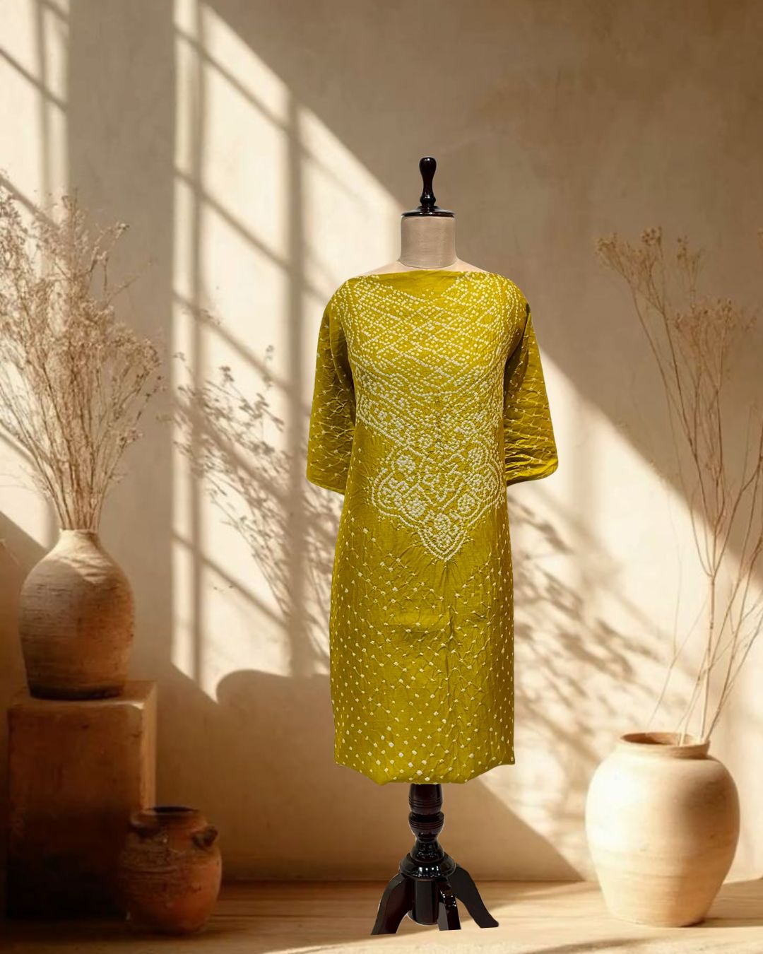 MUSTARD YELLOW YOKE SILK BANDHANI FABRIC