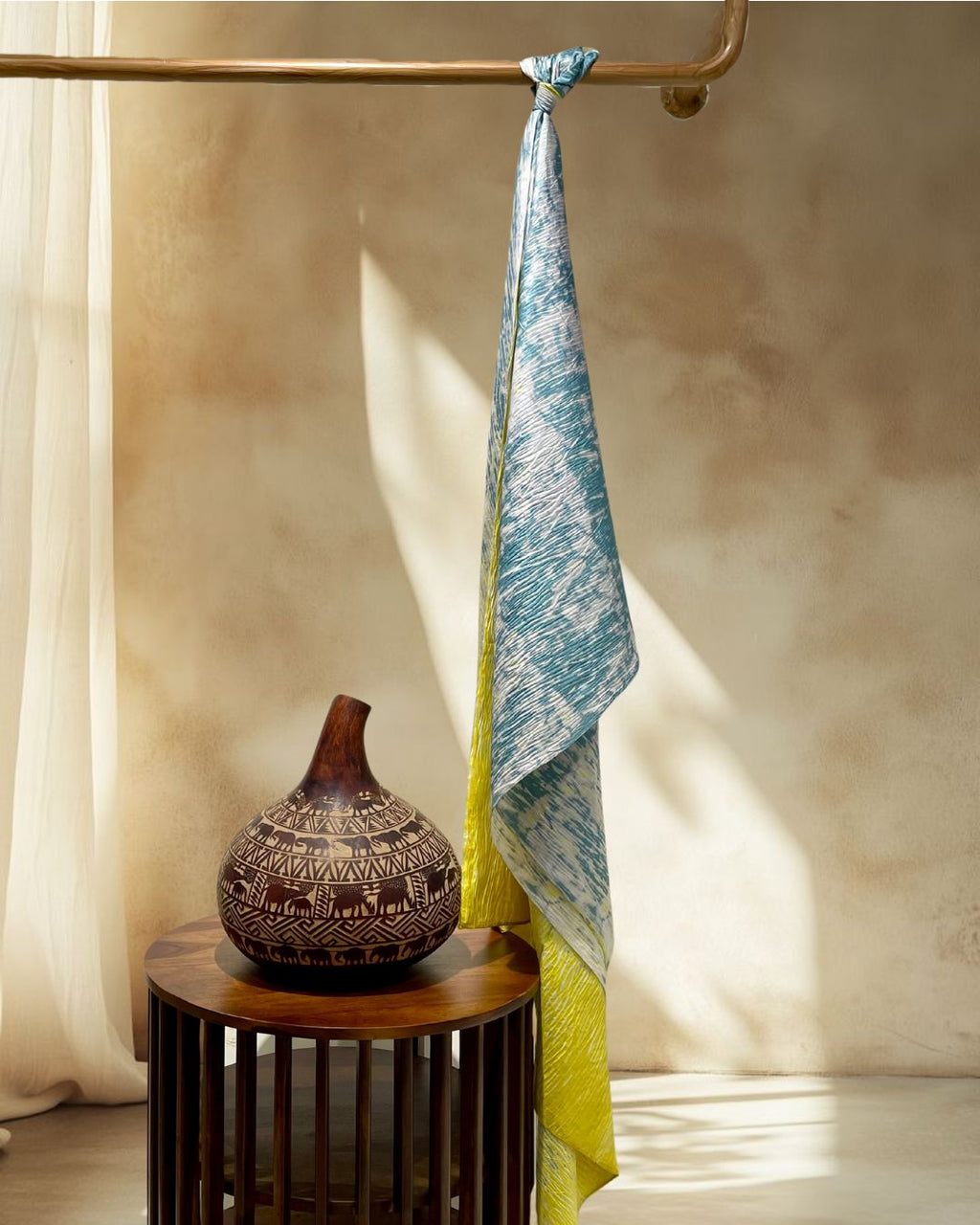 YELLOW-GREY SHIBORI SILK FABRIC
