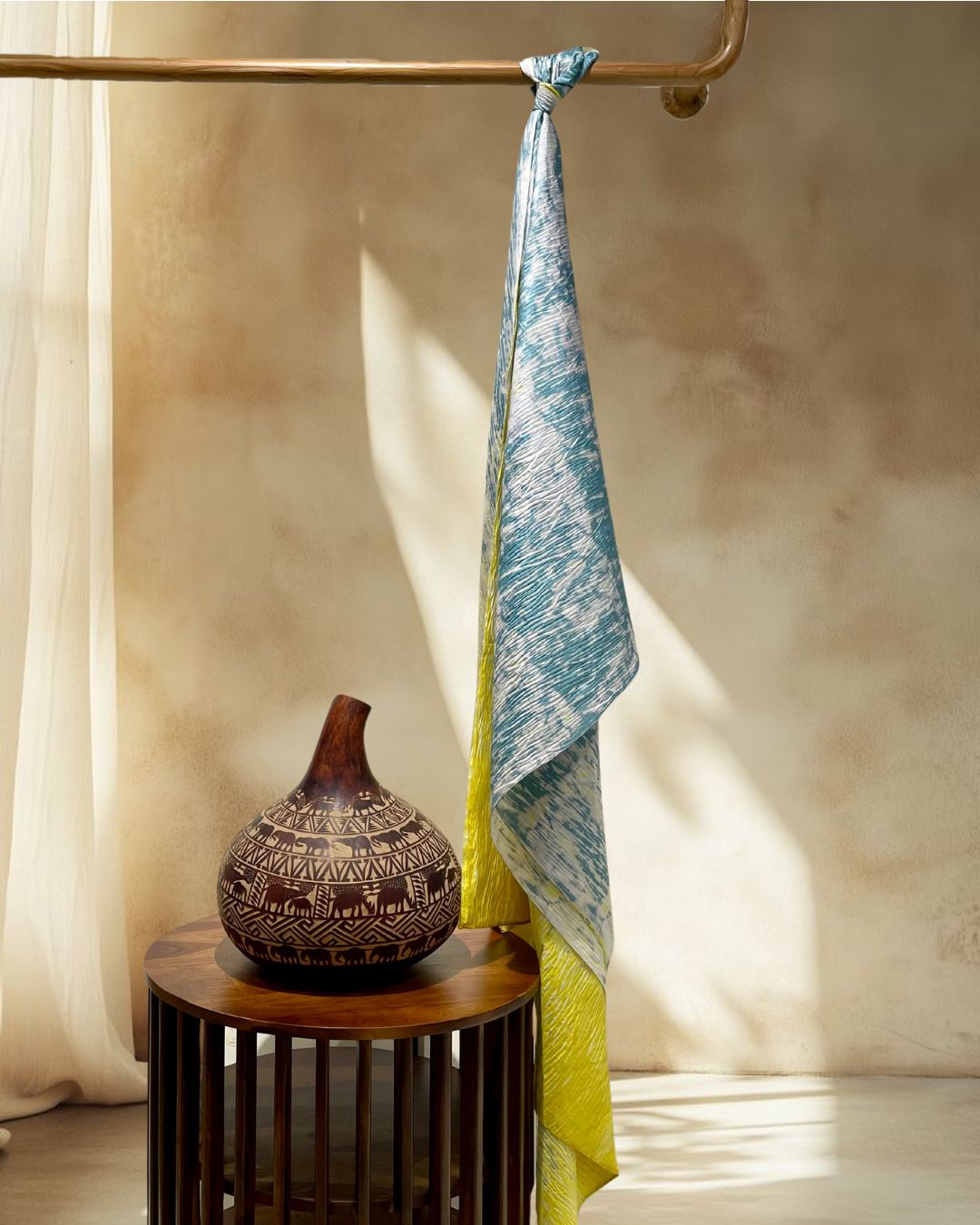 YELLOW-GREY SHIBORI SILK FABRIC