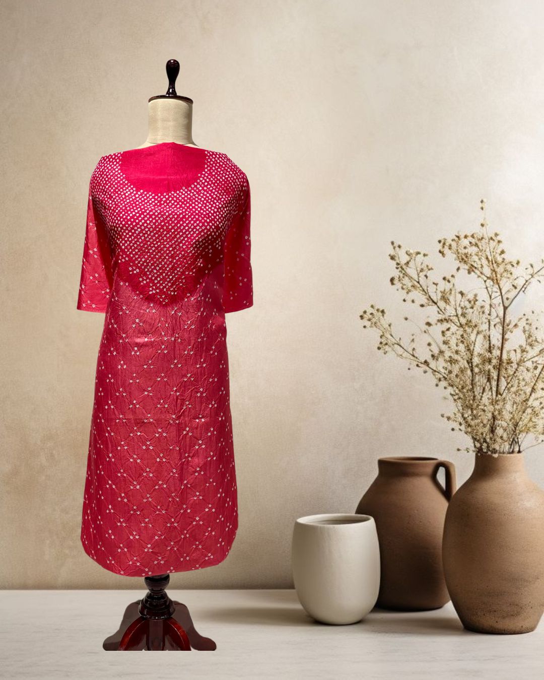 RED SHADED YOKE SILK BANDHANI FABRIC