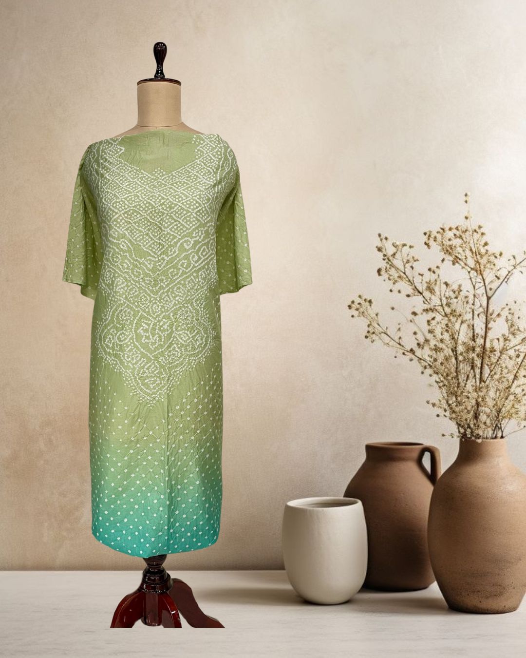 LIGHT GREEN - BLUE KE SILK BANDHANI FABRIC