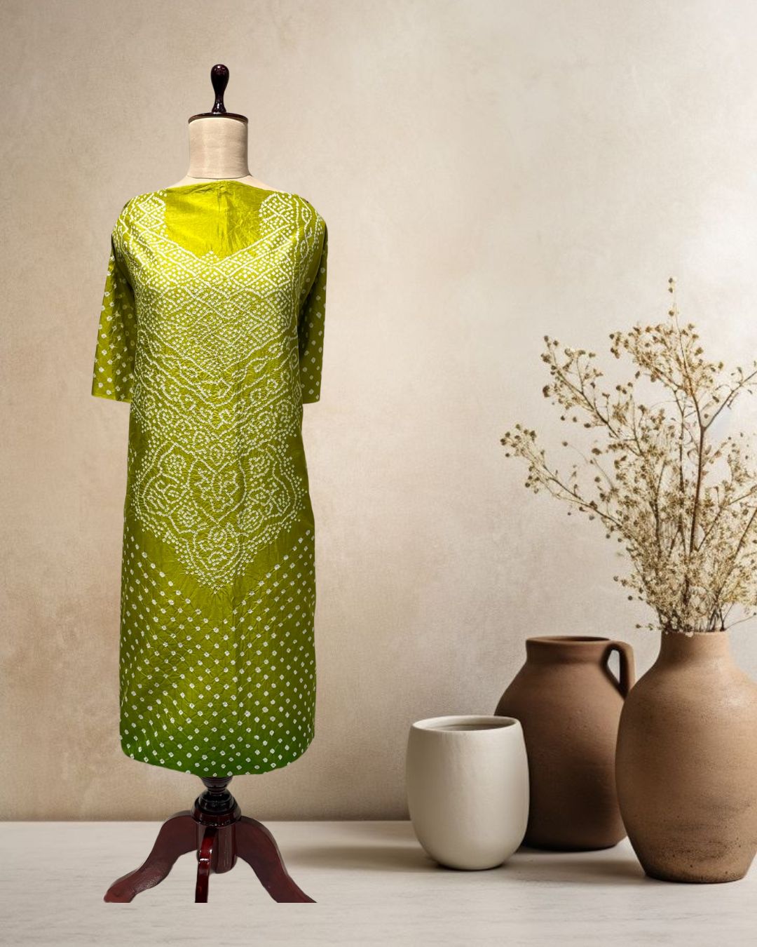 GREEN SHADED YOKE SILK BANDHANI FABRIC