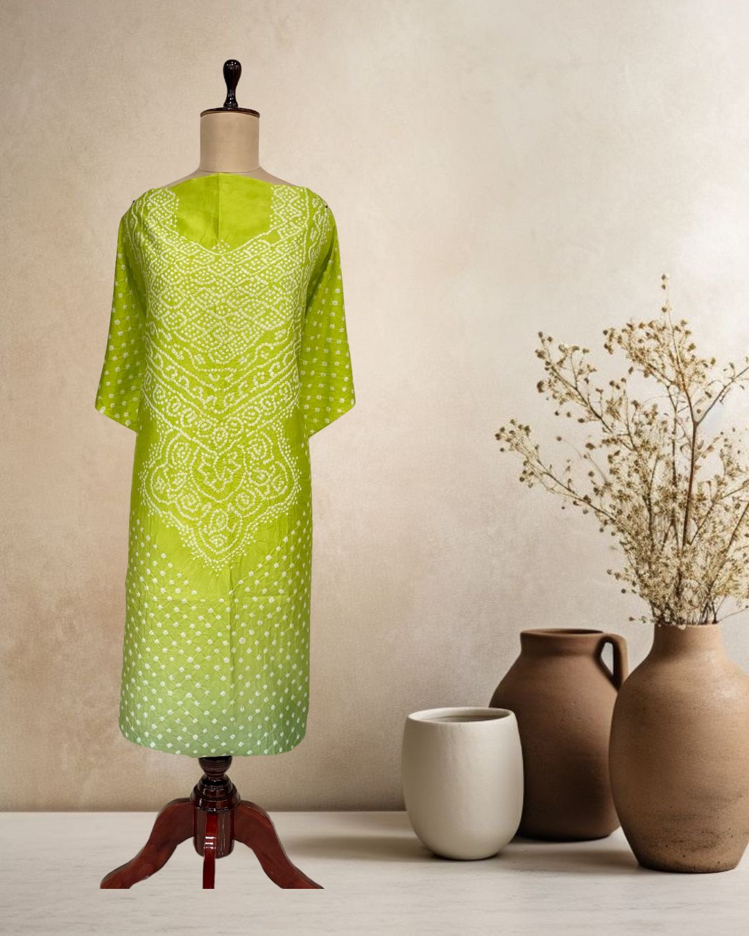 LIGHT GREEN SHADED YOKE SILK BANDHANI FABRIC