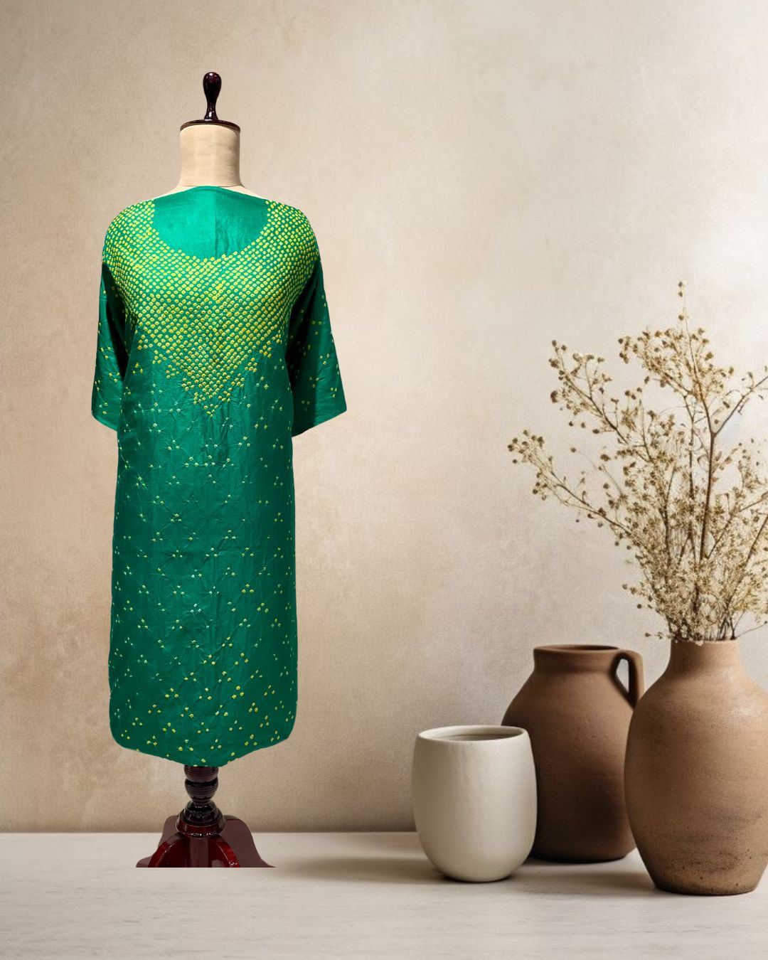 GREEN YOKE SILK BANDHANI FABRIC
