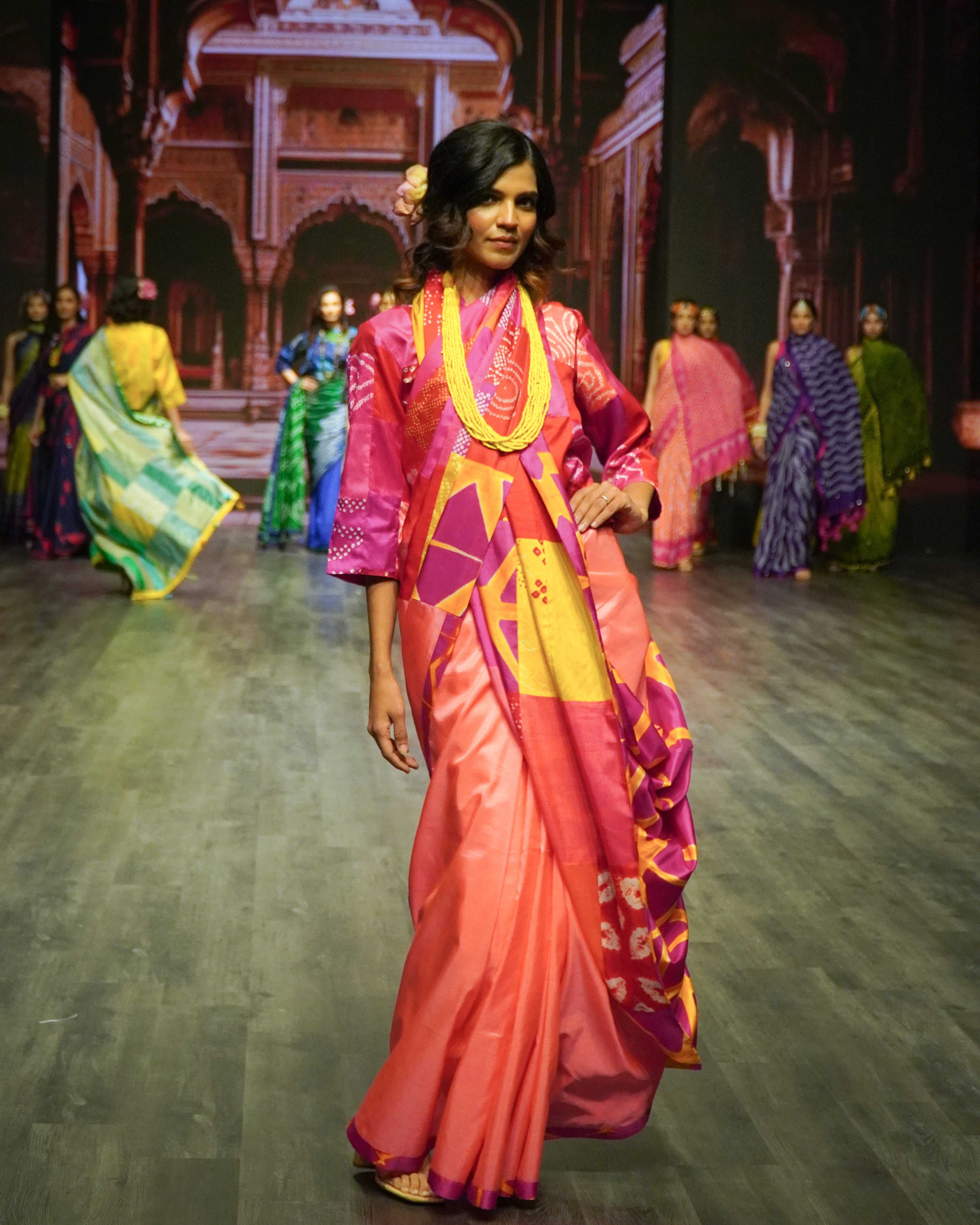 PINK - RED REVERSIBLE PATCHWORK SAREE WITH TASSELS