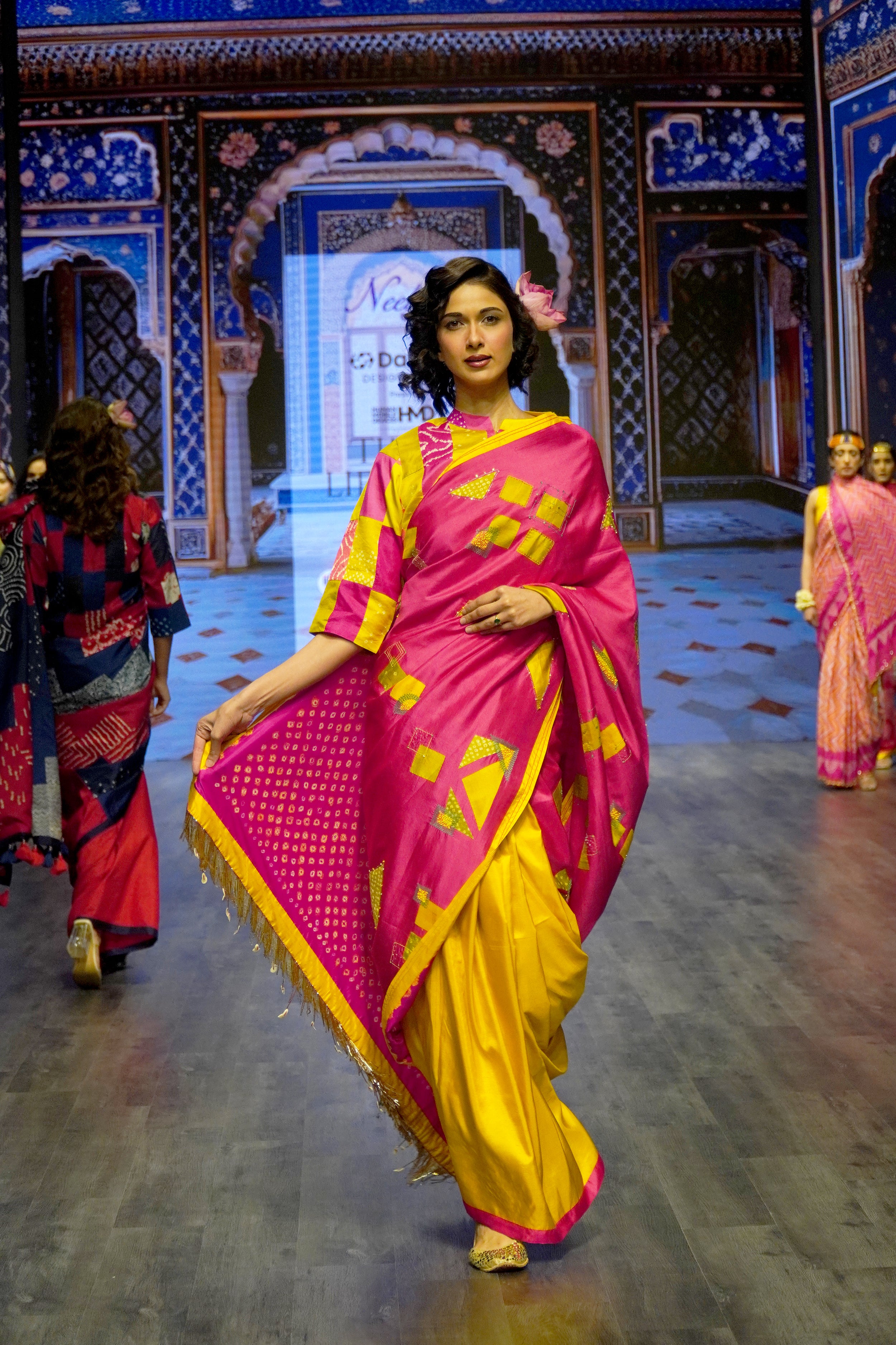 PINK - YELLOW WABI SABI EMBROIDERED SAREE WITH TASSELS