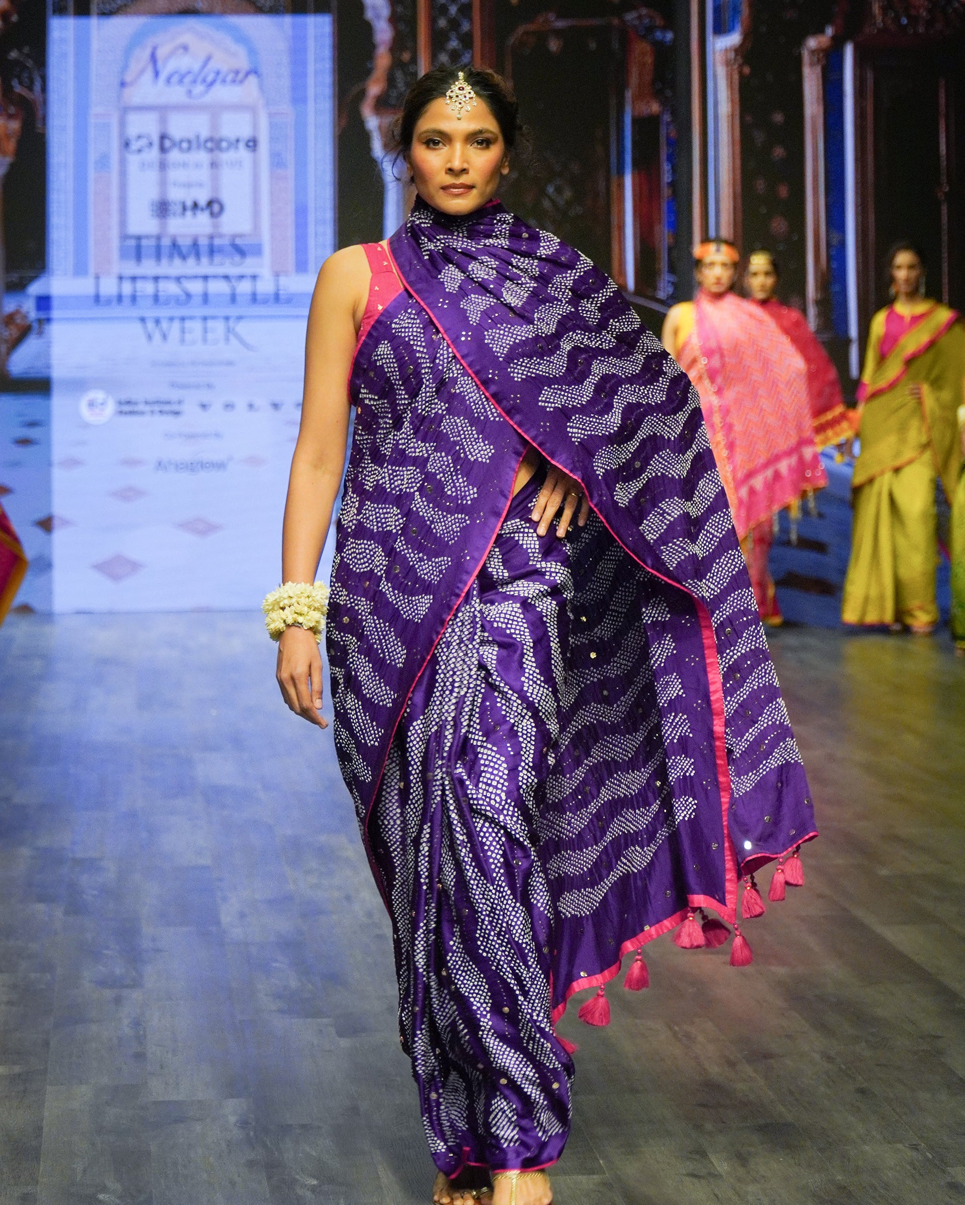 PURPLE G14 SILK BANDHANI EMBROIDERED SAREE WITH TASSELS
