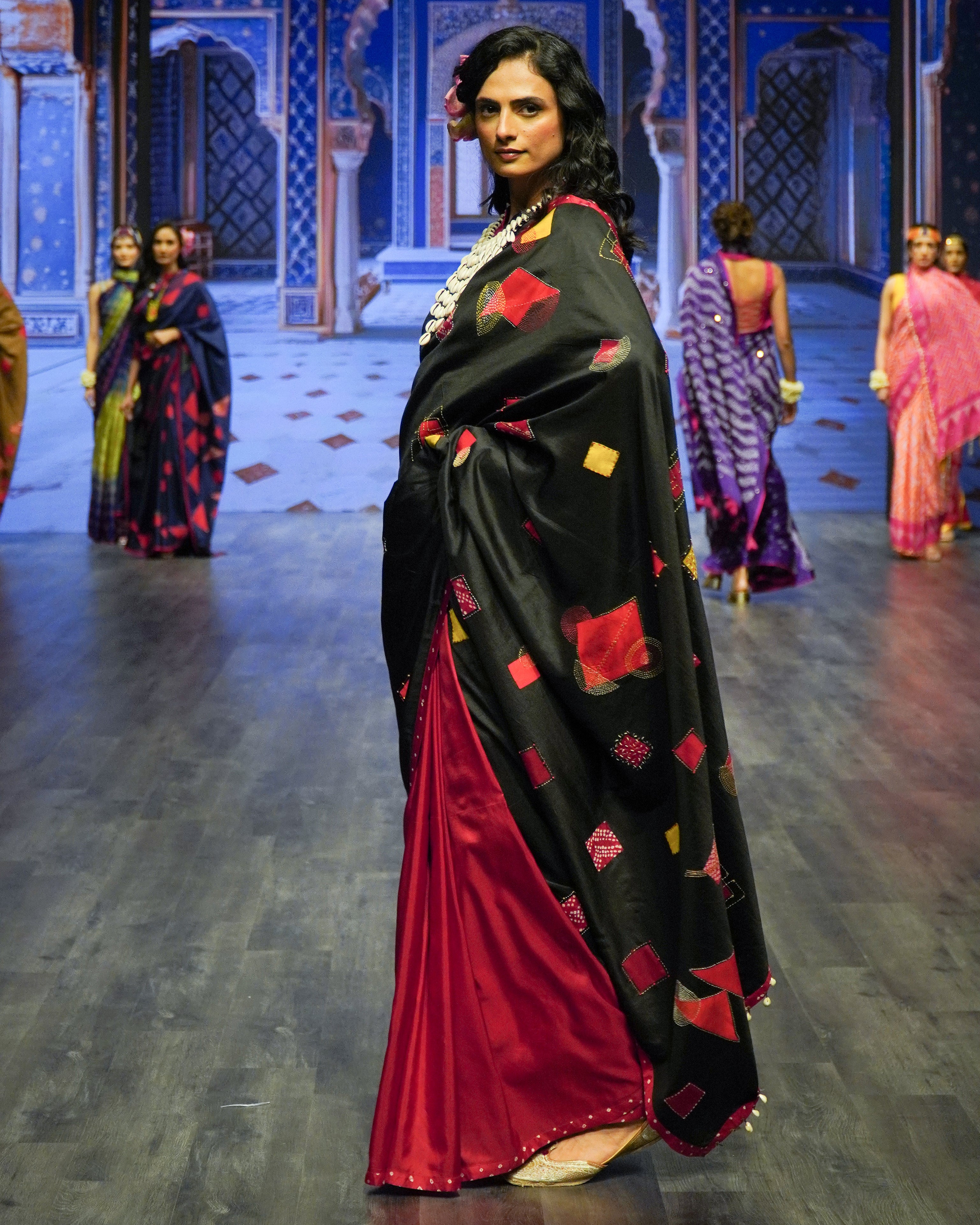BLACK - RED WABI - SABI EMBROIDERED SAREE WITH TASSELS