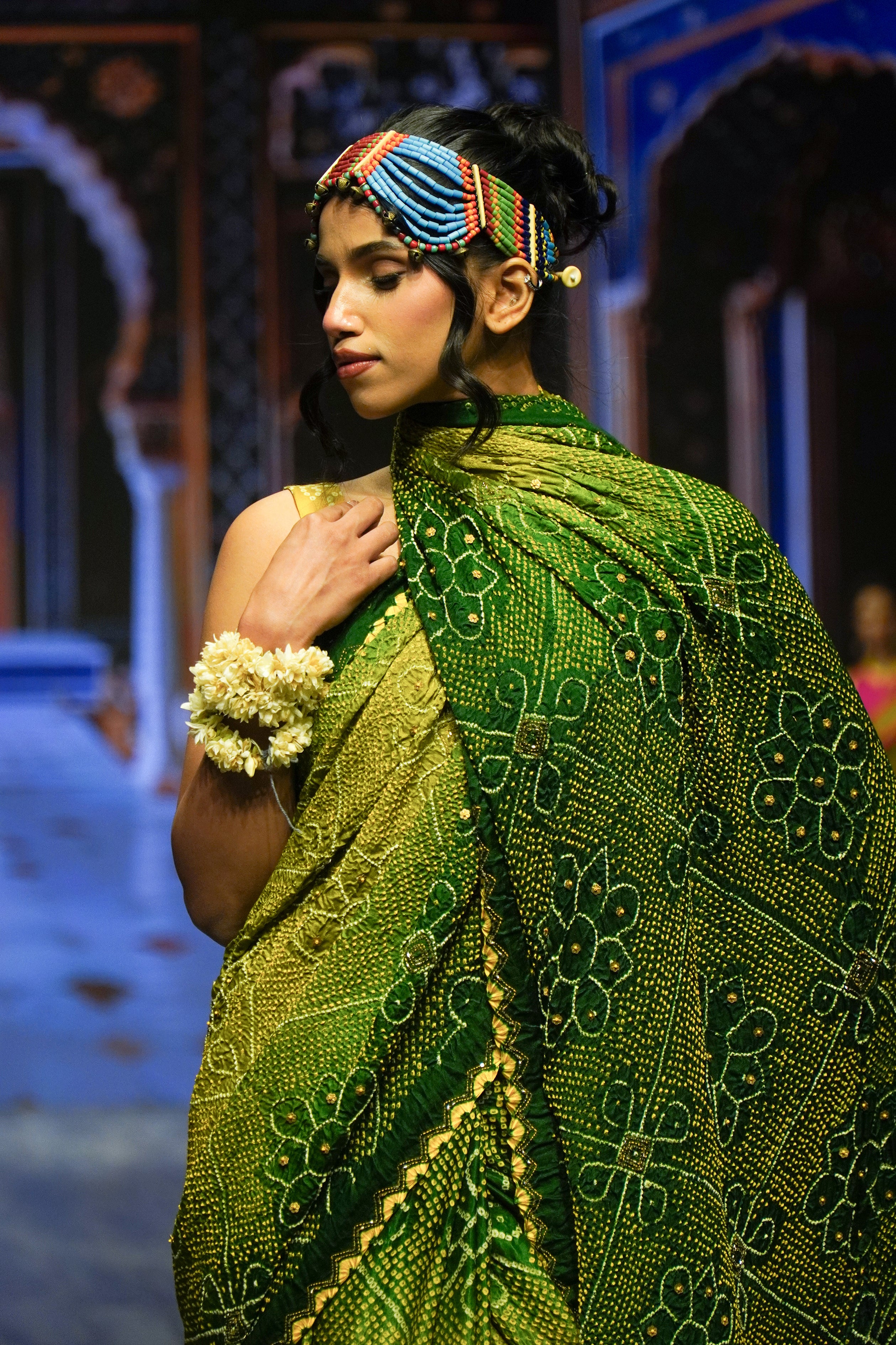 GREEN POPPY FLOWER SILK BANDHANI EMBROIDERED SAREE WITH TASSELS