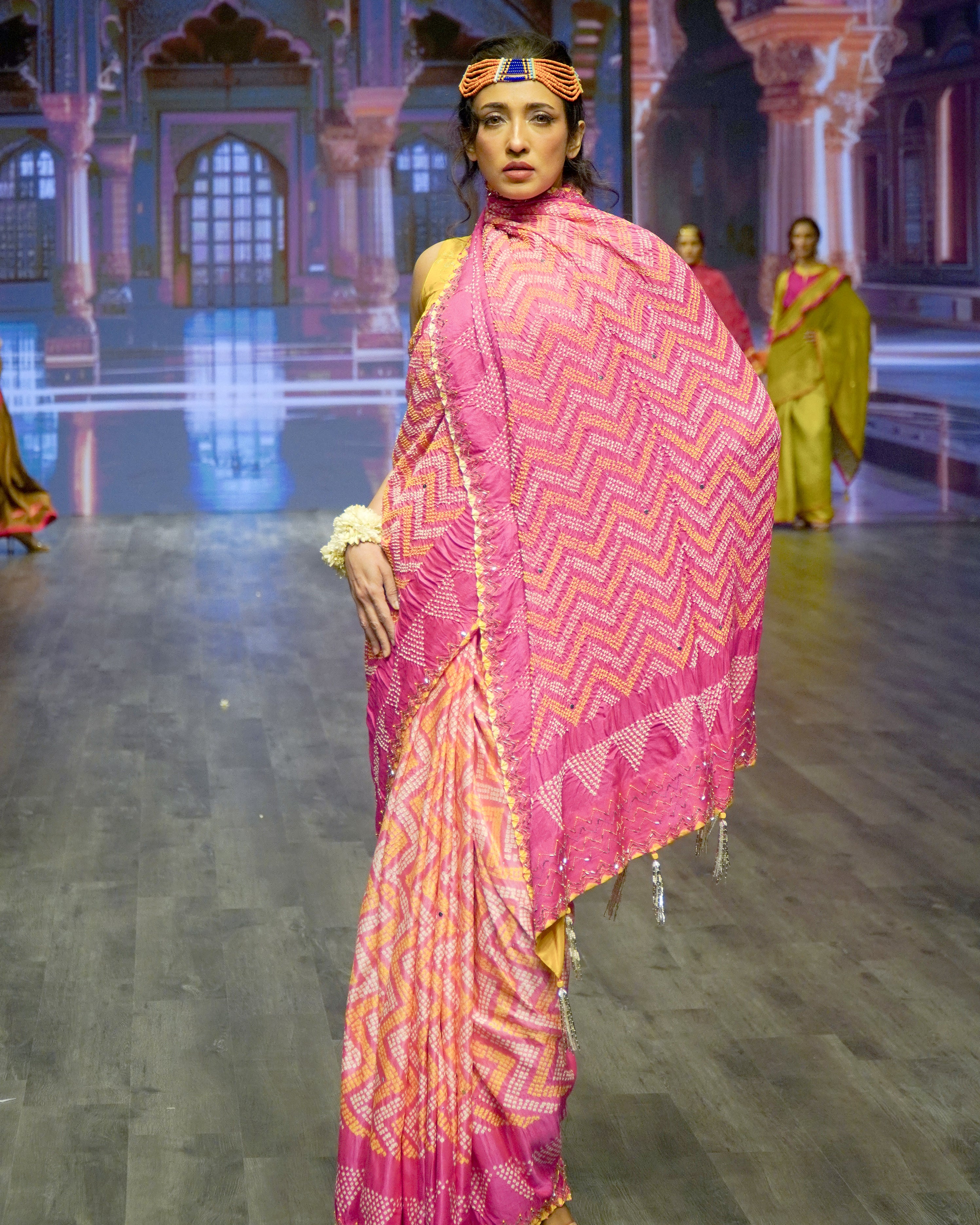 PINK CHEVRON EMBROIDERED SILK BANDHANI SAREE WITH TASSELS