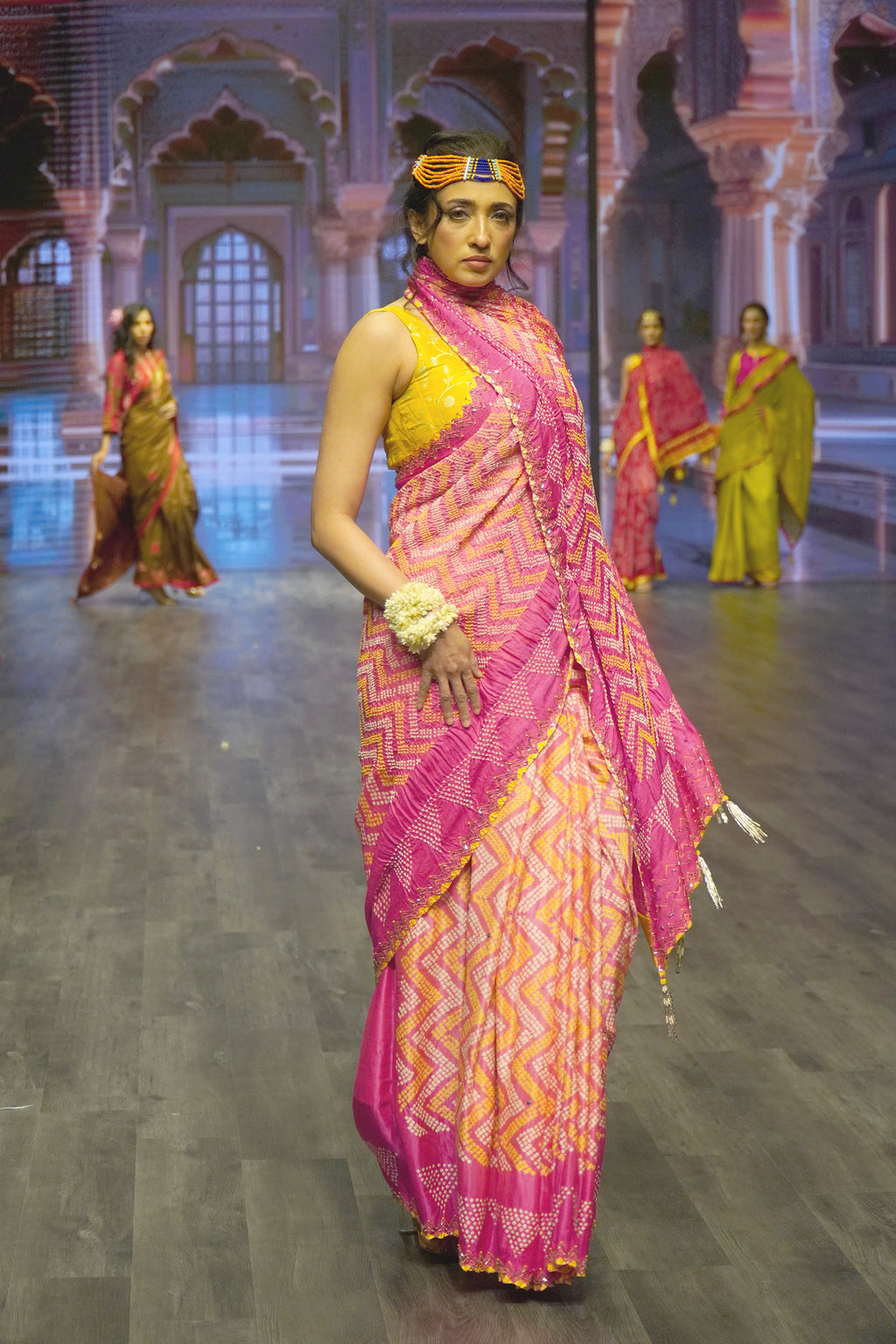 PINK CHEVRON EMBROIDERED SILK BANDHANI SAREE WITH TASSELS
