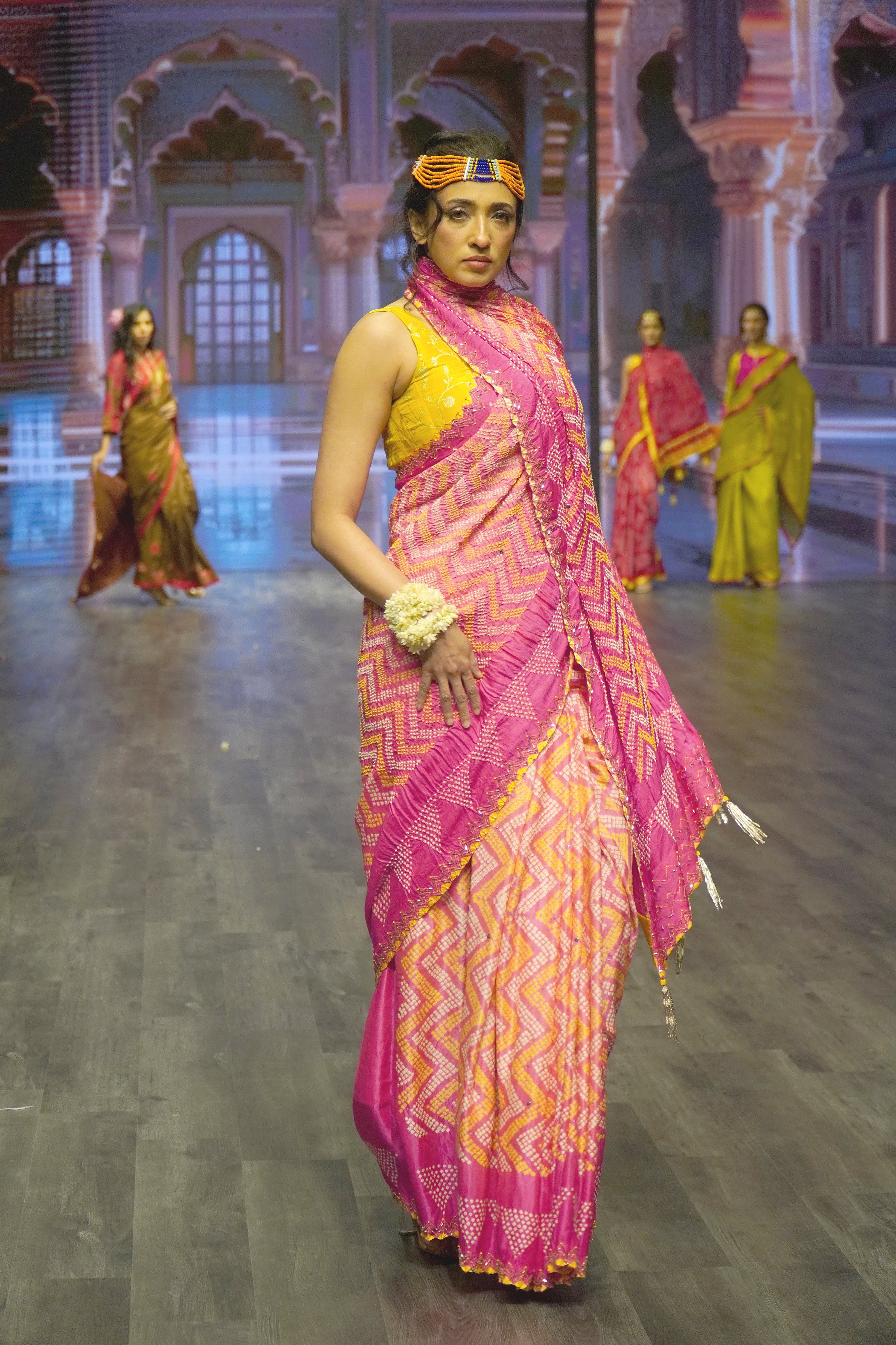 PINK CHEVRON EMBROIDERED SILK BANDHANI SAREE WITH TASSELS