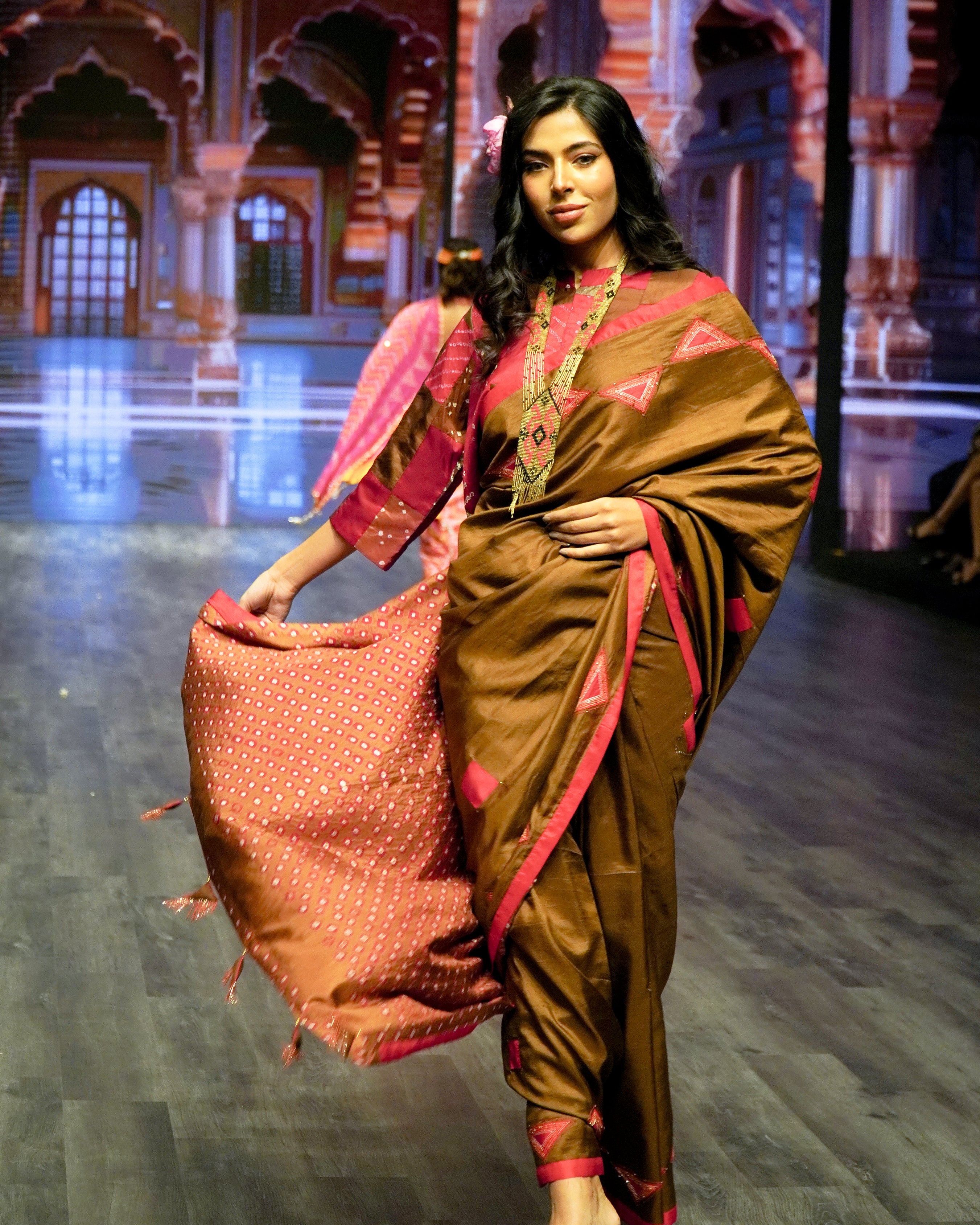 RED-BROWN WABI - SABI  EMBROIDERED SAREE WITH TASSELS