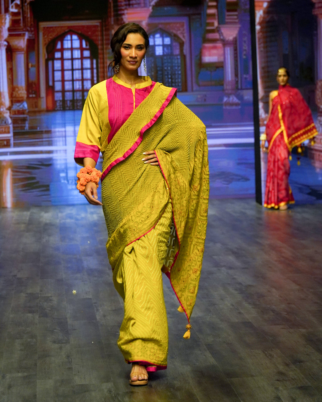MUSTARD YELLOW APPLIQUE EMBROIDERED SILK BANDHANI SAREE WITH TASSELS