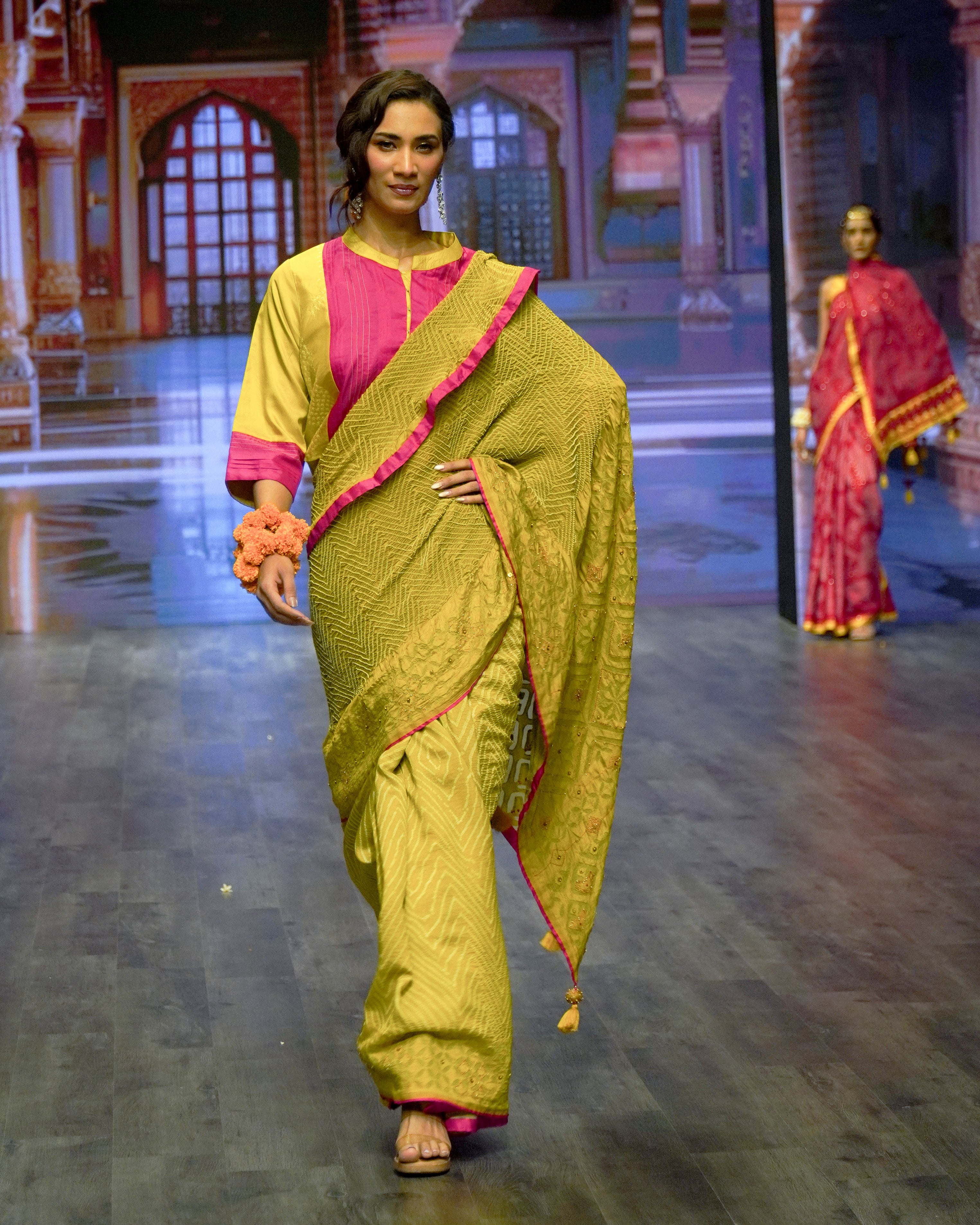 MUSTARD YELLOW APPLIQUE EMBROIDERED SILK BANDHANI SAREE WITH TASSELS