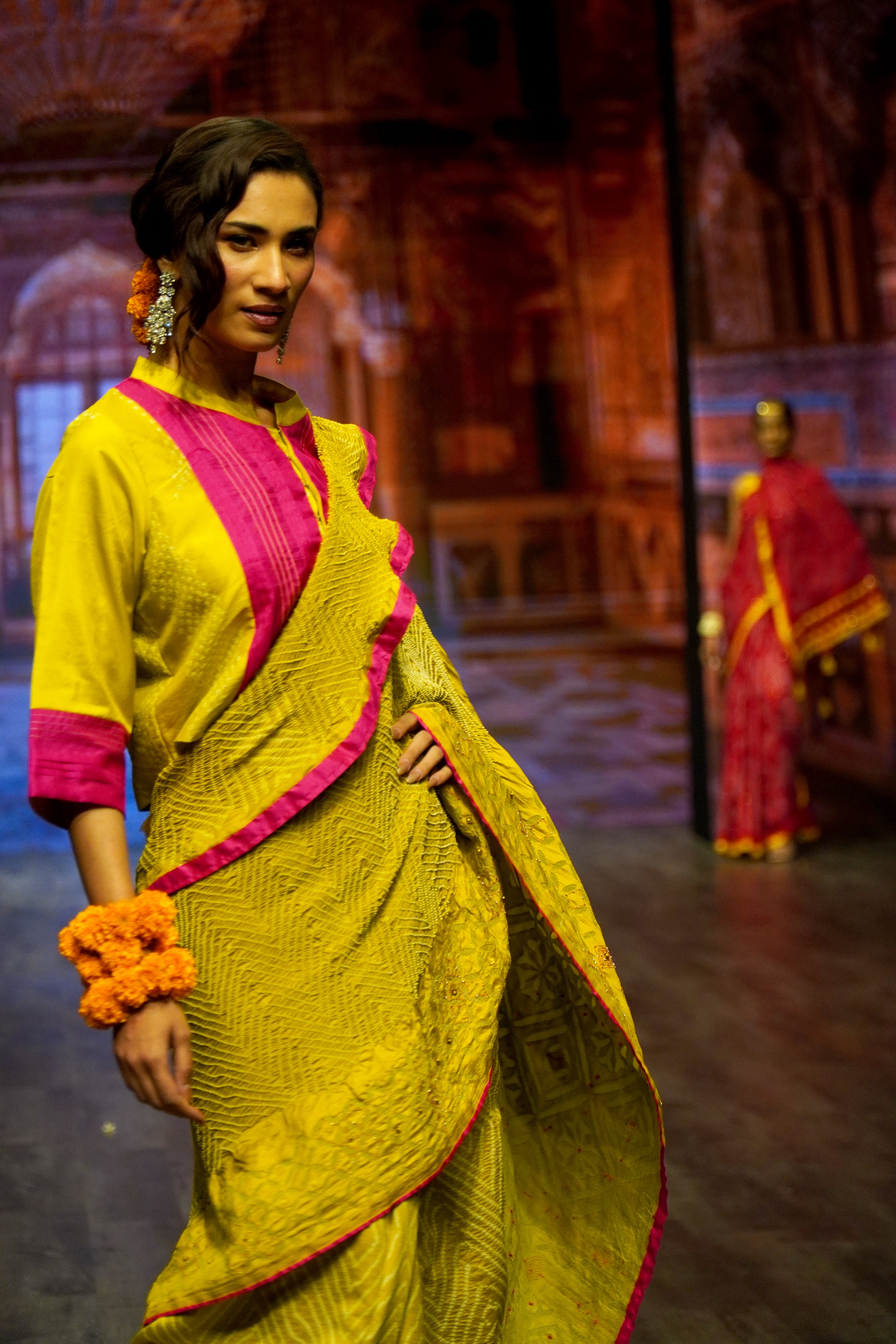 MUSTARD YELLOW APPLIQUE EMBROIDERED SILK BANDHANI SAREE WITH TASSELS