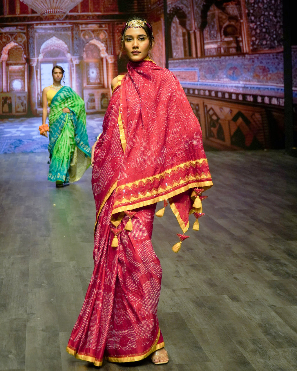 RED APPLIQUE EMBROIDERED SILK BANDHANI SAREE WITH TASSELS