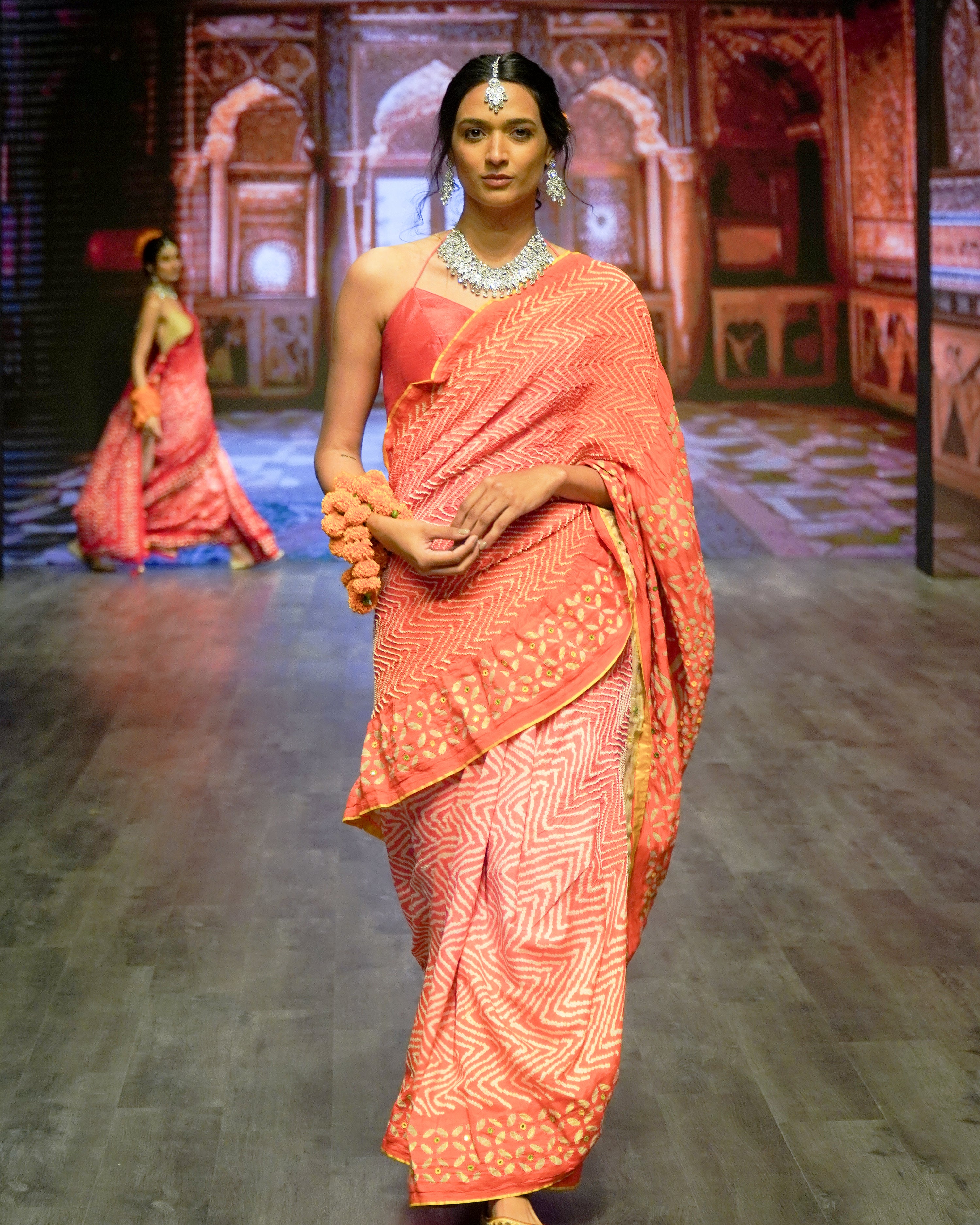 PINK - ORANGE APPLIQUE EMBROIDERED SILK BANDHANI SAREE WITH TASSELS
