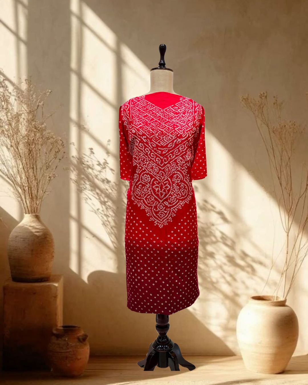 RED - MAROON SHADED YOKE BANDHANI SILK FABRIC