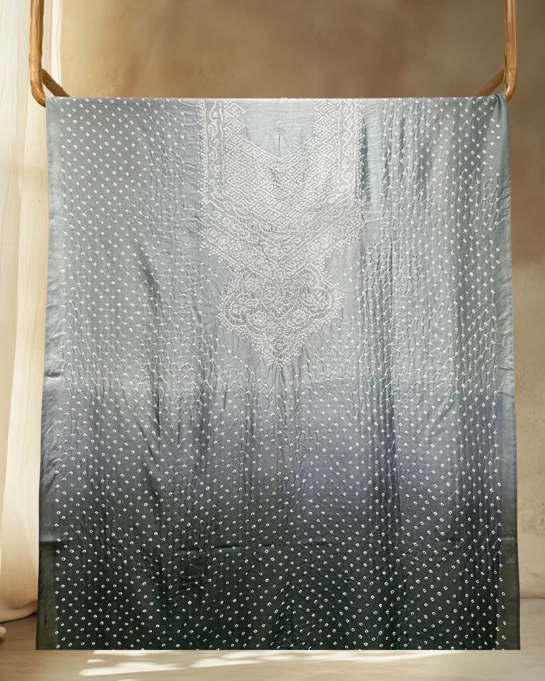 GREY-BLACK YOKE SILK BANDHANI FABRIC