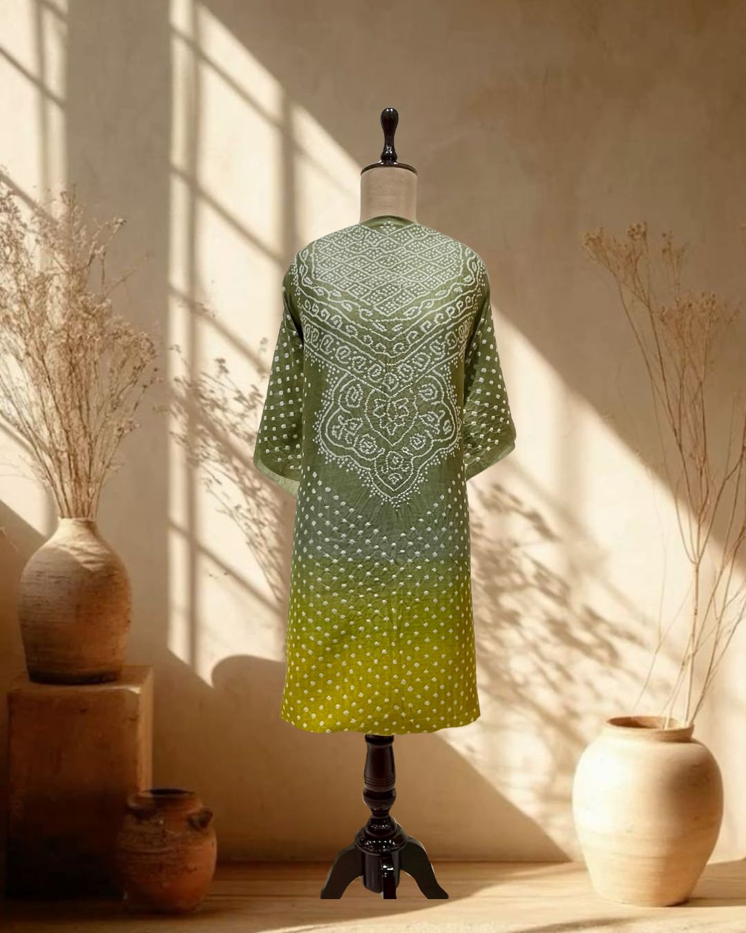 MUSTARD YELLOW - GREEN SHADED YOKE BANDHANI SILK FABRIC