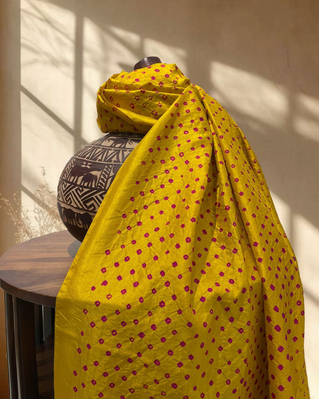 YELLOW OVERALL DOT SILK BANDHANI FABRIC