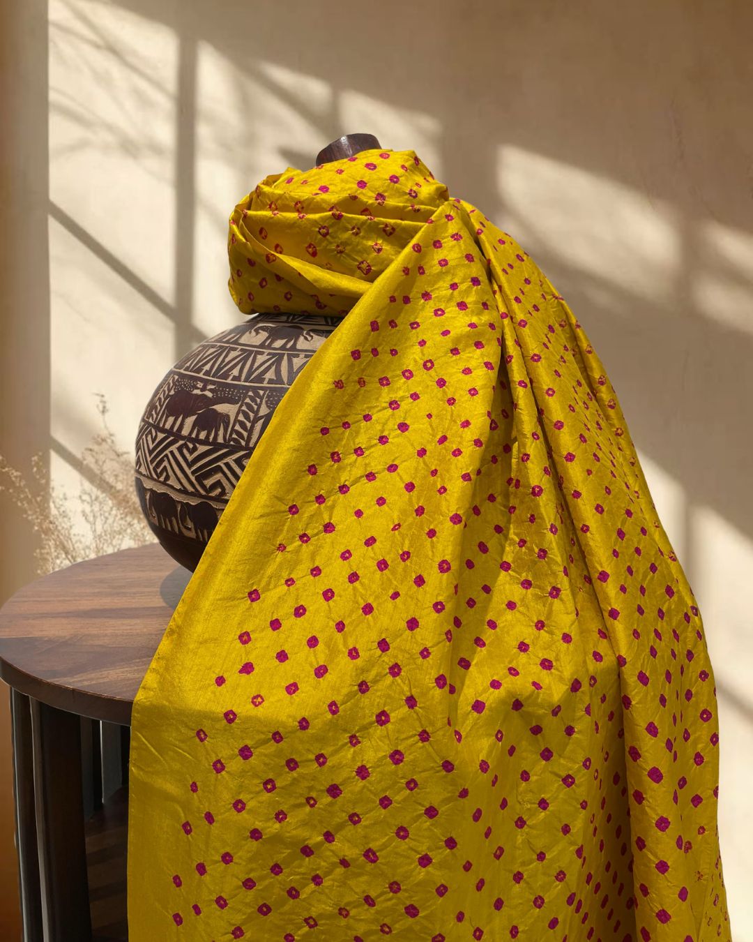 YELLOW OVERALL DOT SILK BANDHANI FABRIC