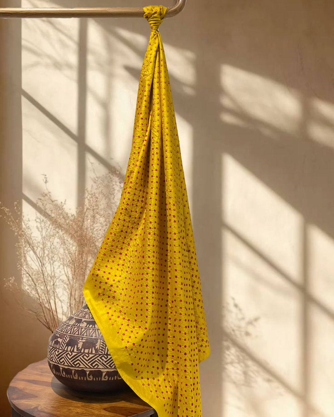 YELLOW OVERALL DOT SILK BANDHANI FABRIC