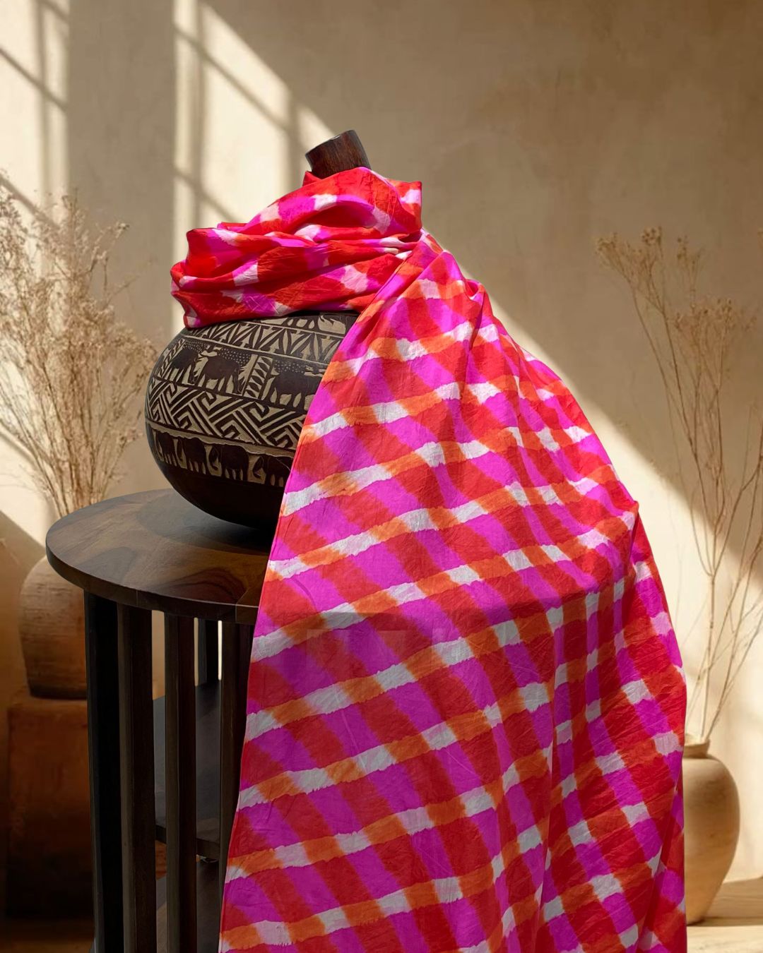 ORANGE-PINK LEHERIYA SILK FABRIC