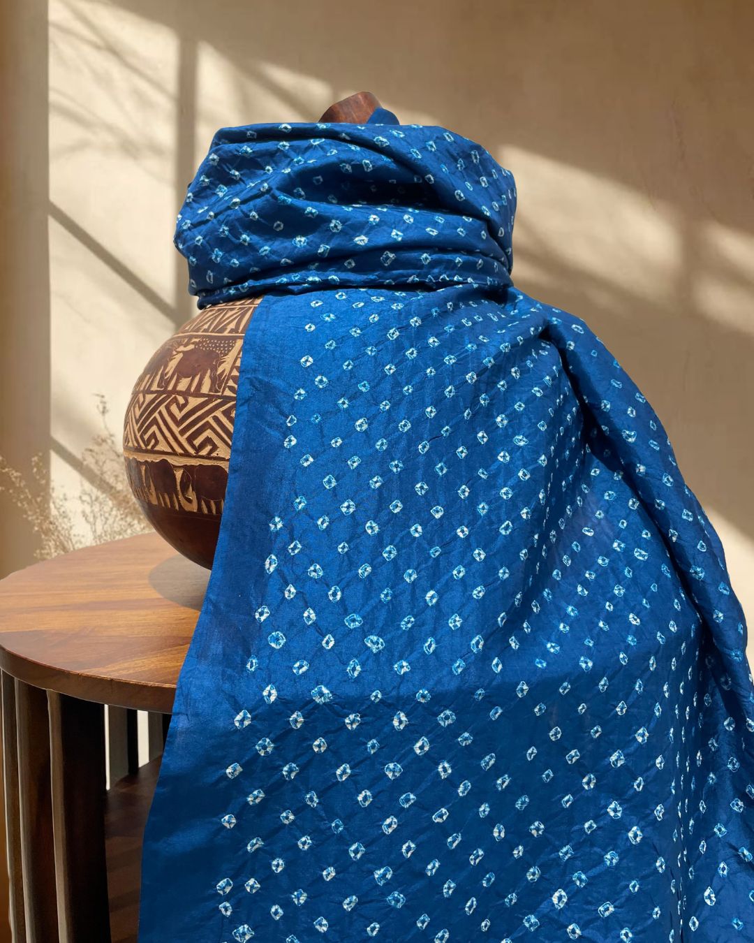 BLUE OVERALL DOT BANDHANI SILK FABRIC