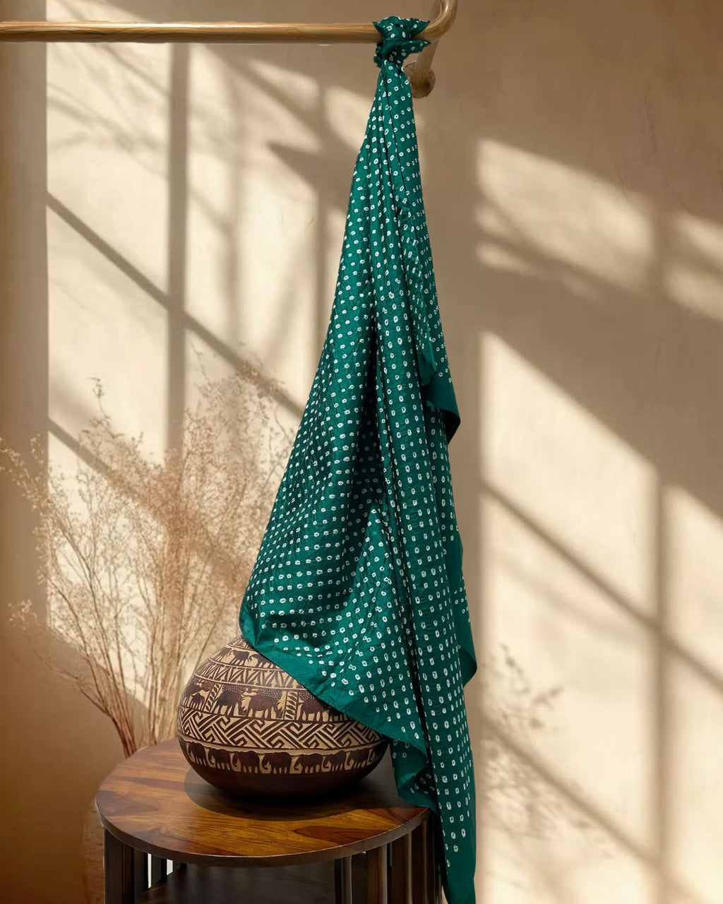 GREEN OVERALL DOT SILK BANDHANI FABRIC