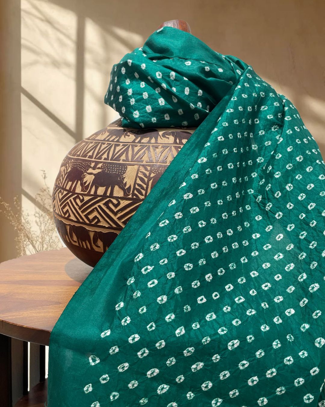 GREEN OVERALL DOT SILK BANDHANI FABRIC