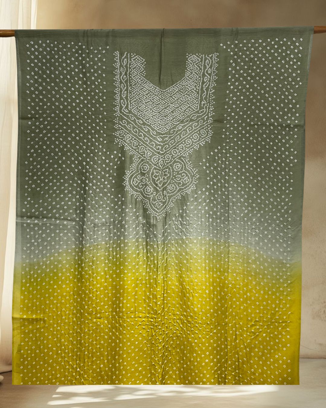MUSTARD YELLOW - GREEN SHADED YOKE BANDHANI SILK FABRIC