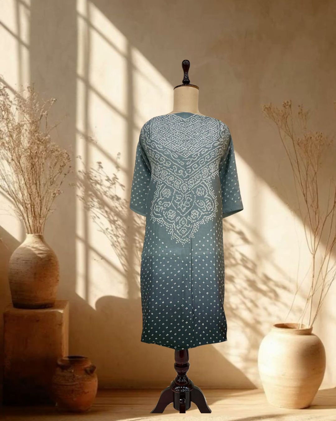 GREY-BLACK YOKE SILK BANDHANI FABRIC