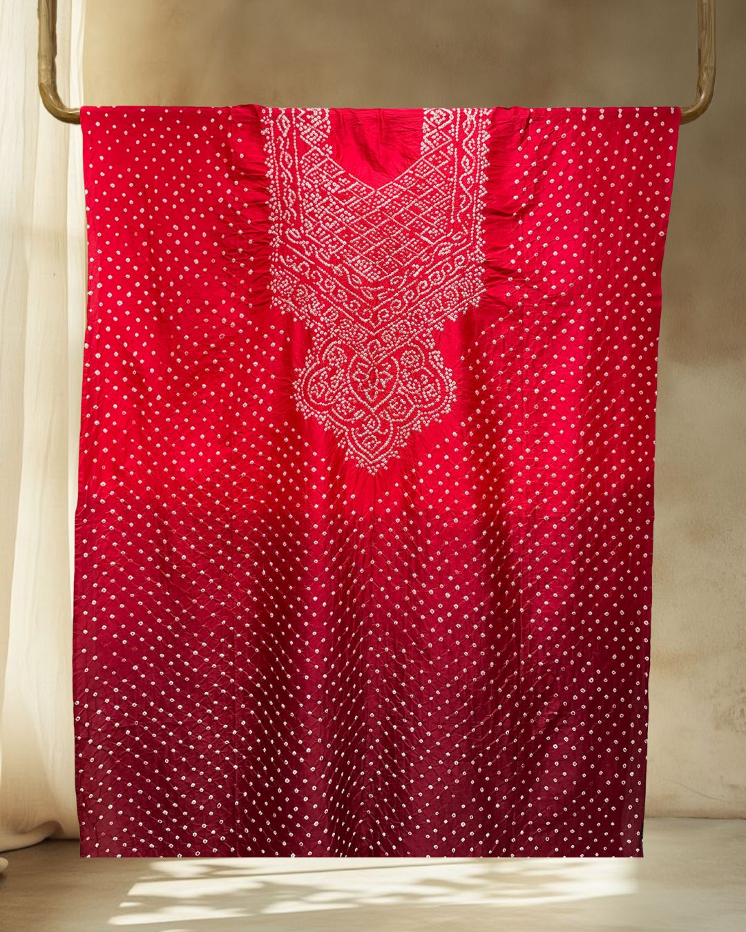 RED - MAROON SHADED YOKE BANDHANI SILK FABRIC