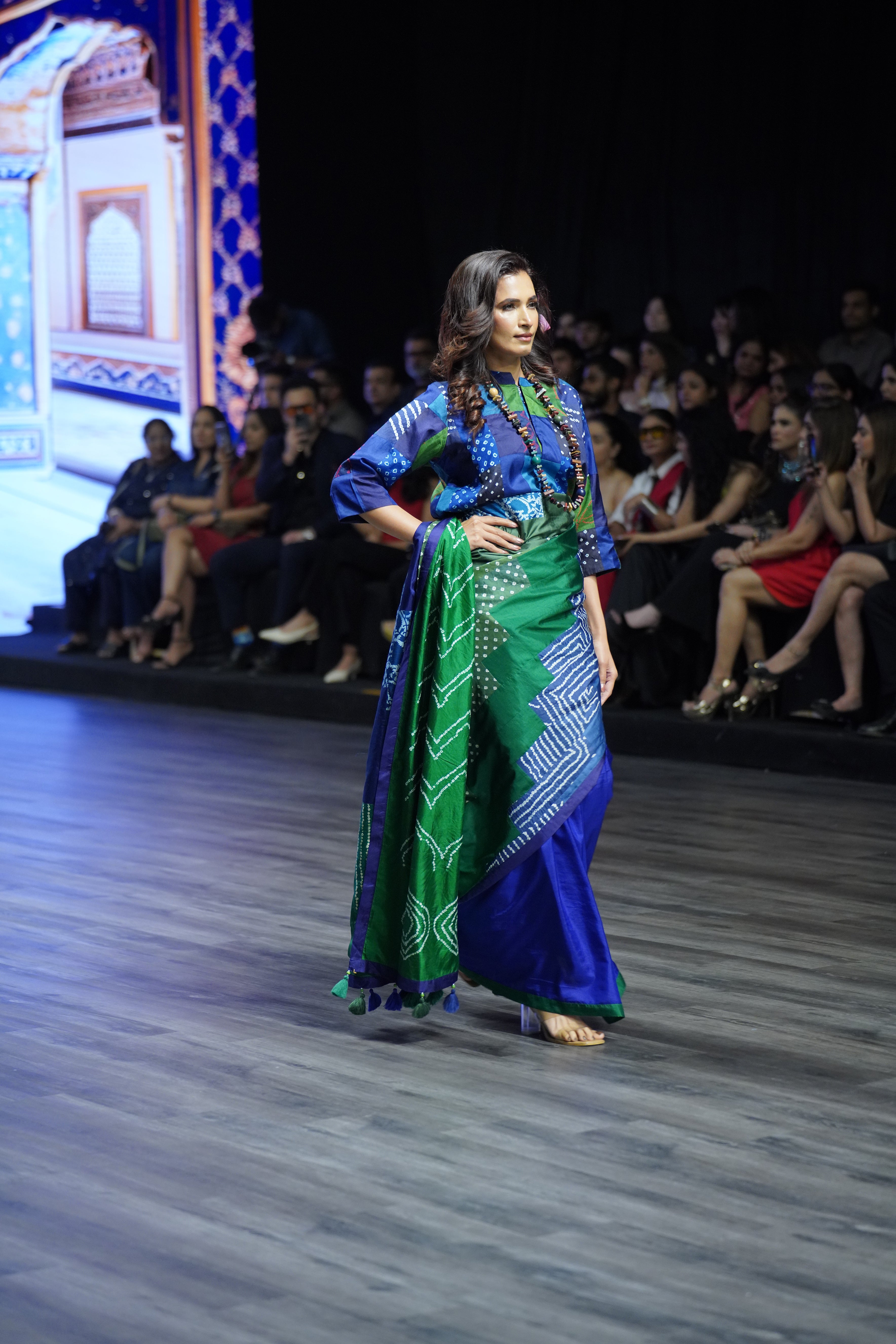 BLUE - GREEN REVERSIBLE PATCHWORK SAREE WITH TASSELS/
