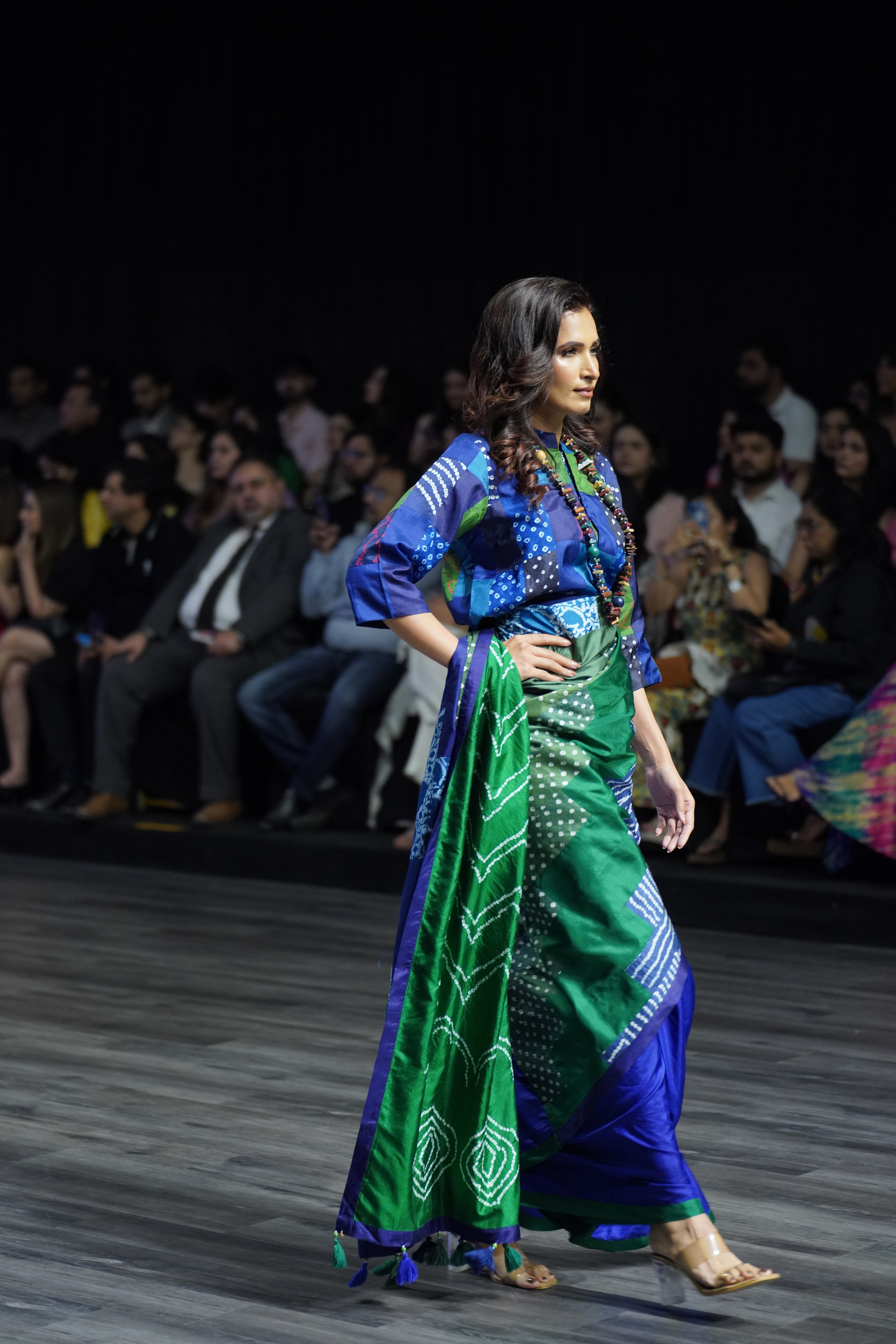 BLUE - GREEN REVERSIBLE PATCHWORK SAREE WITH TASSELS/