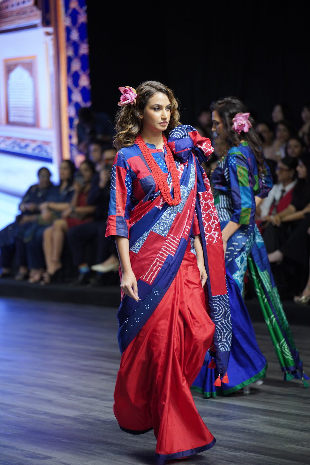 BLUE - RED REVERSIBLE PATCHWORK SILK SAREE WITH TASSELS