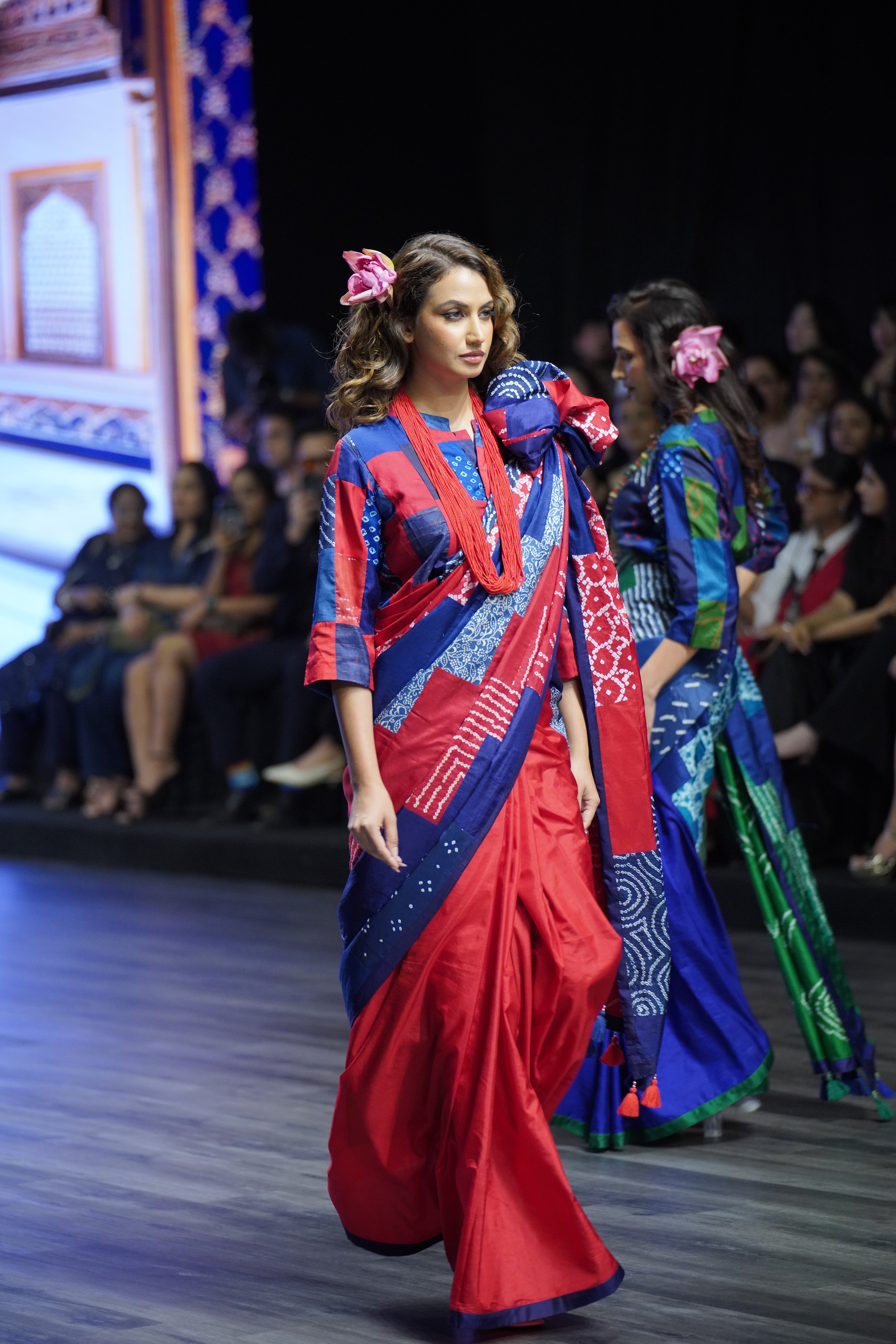 BLUE - RED REVERSIBLE PATCHWORK SILK SAREE WITH TASSELS